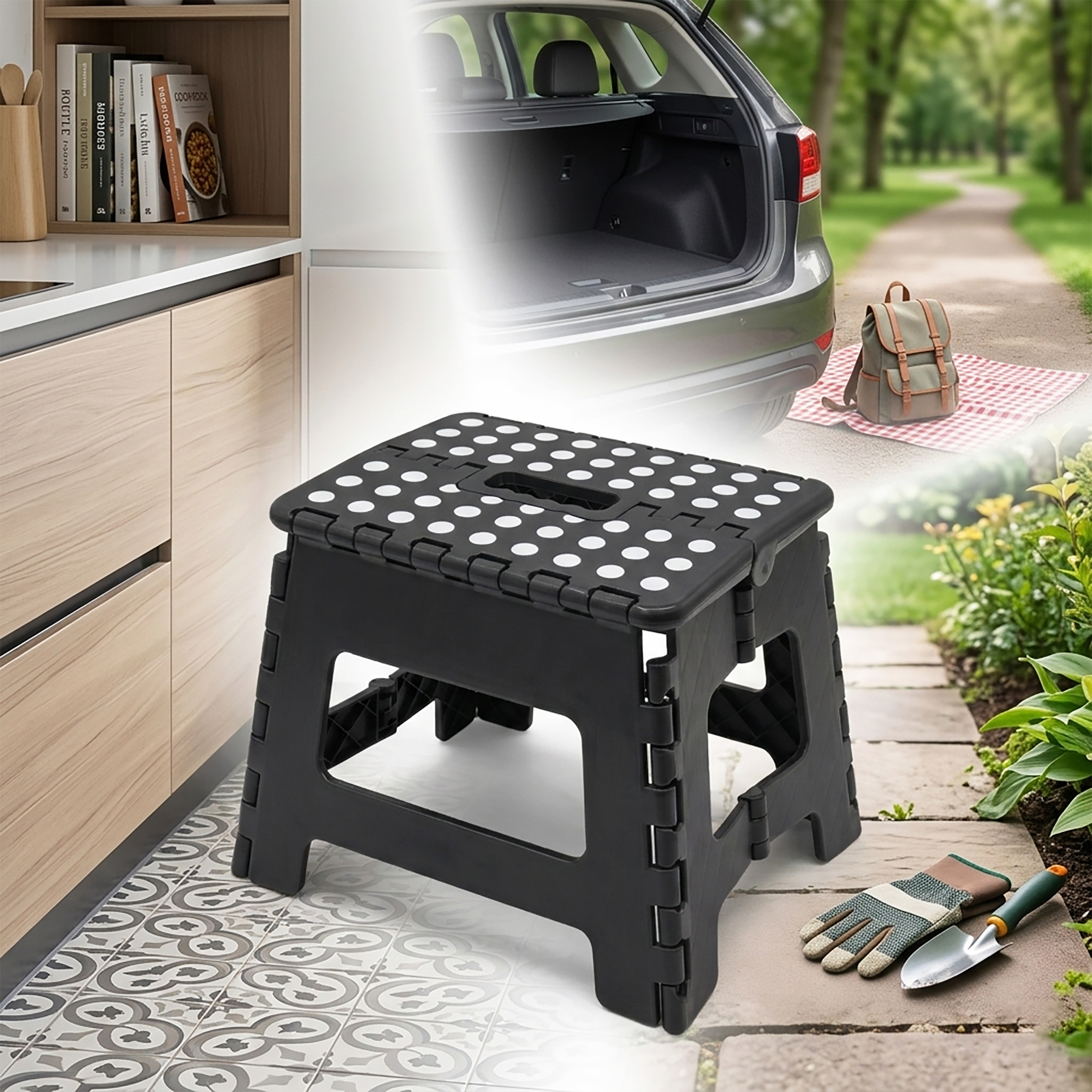 Kunststoff Klapptritt schwarz bis 100 kg mit Tragegriff und Antirutsch - 29 x 22 cm - Tritthocker klappbar mit rutschfester Trittfläche