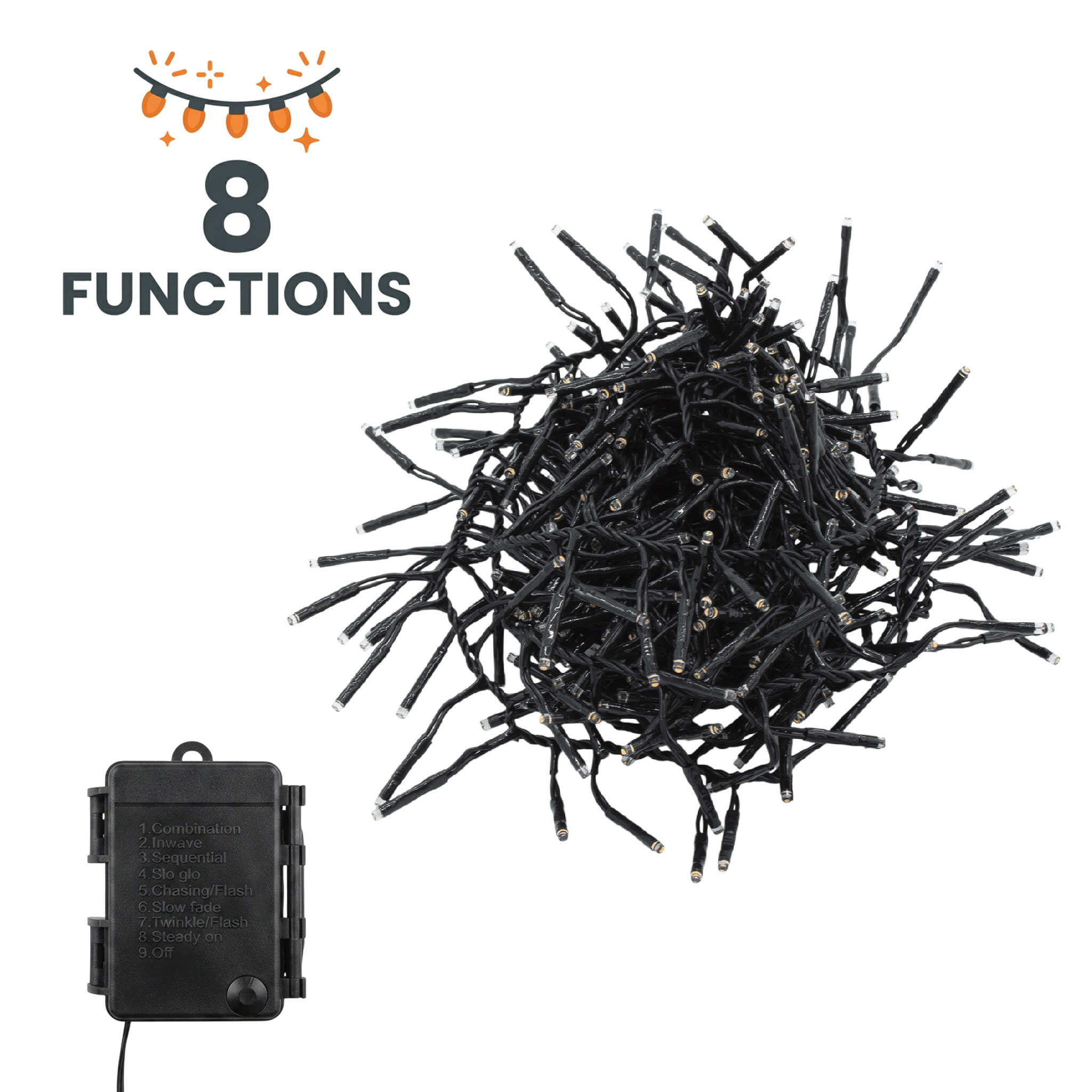 LED Lichterkette warm weiß mit 8 Leuchtfunktionen - 192 LED - Weihnachts Beleuchtung mit Timer Batterie betrieben