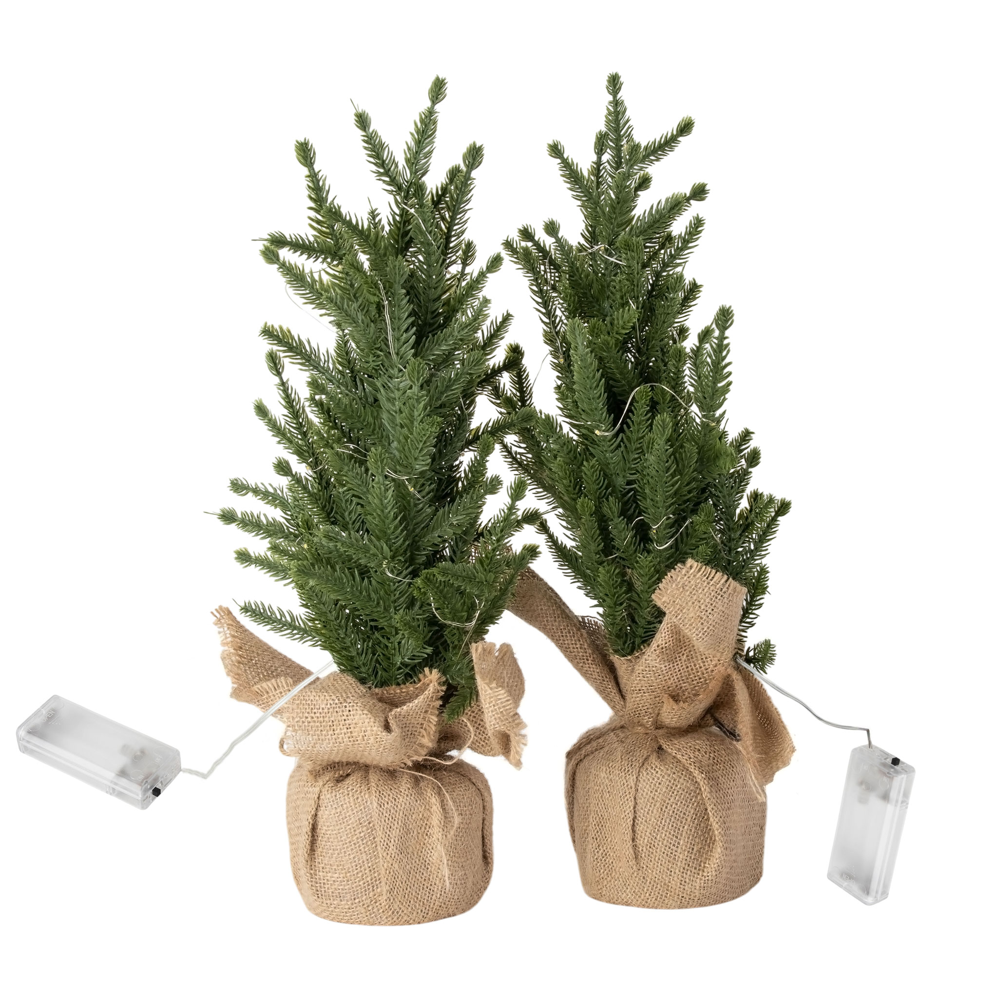 Mini Kunst Tannenbaum warm weiß beleuchtet 43 cm - 2er Set - Künstlicher Weihnachtsbaum klein mit je 15 LEDs batteriebetrieben