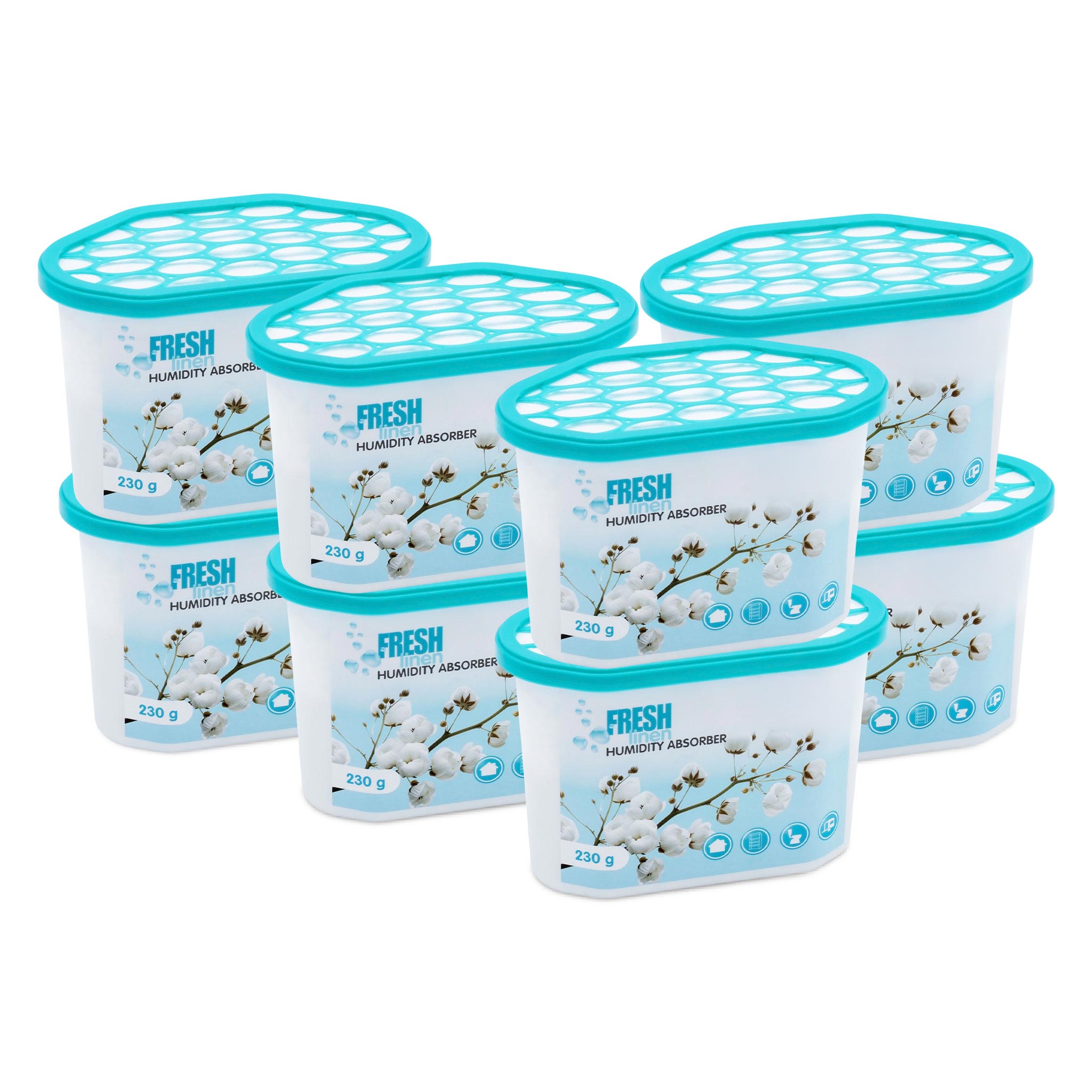 Luftentfeuchter Granulat Box mit 230g Frischeduft Granulat - 8er Pack - Raumentfeuchter mit Frische Wäsche Duft Entfeuchtergranulat