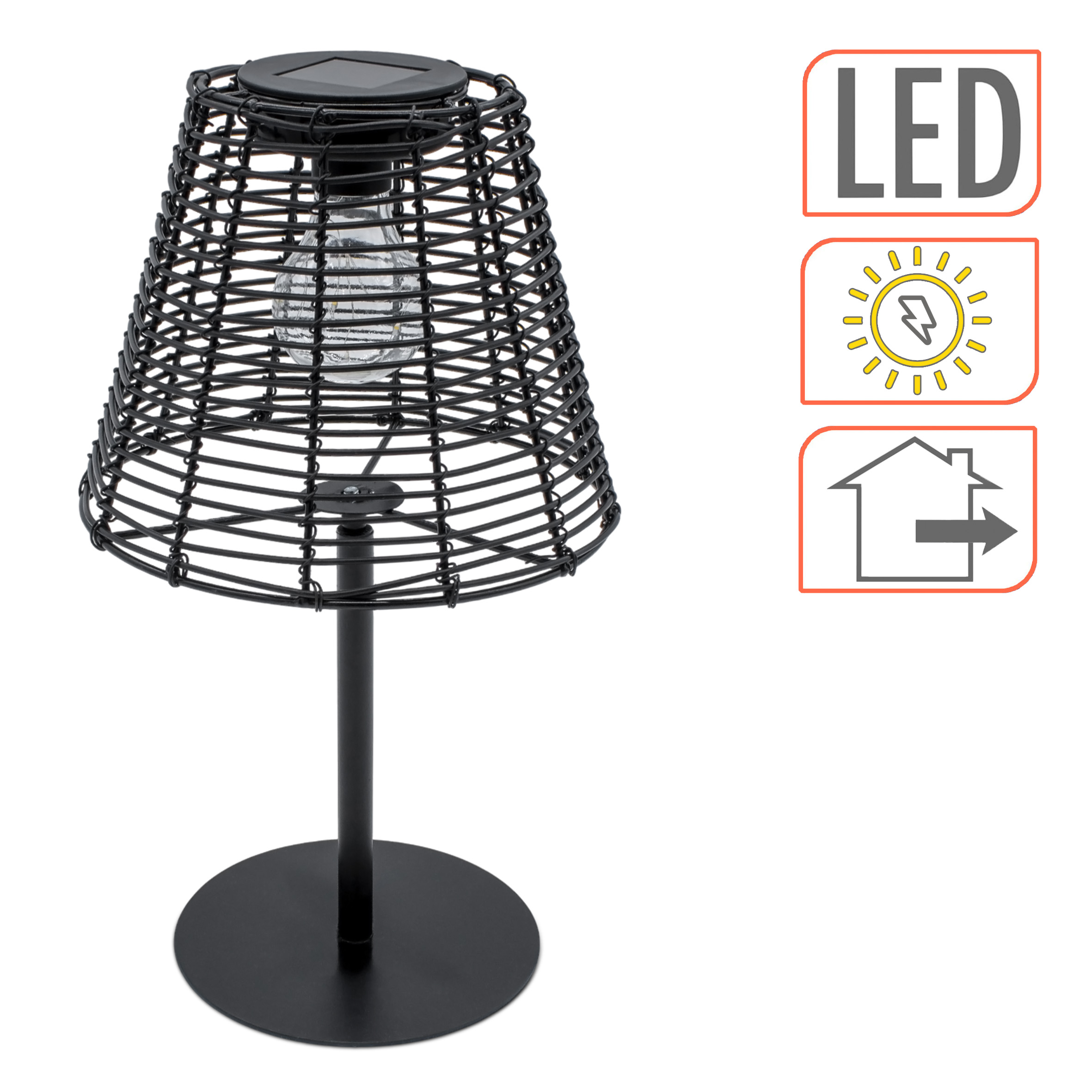 Solar Tischleuchte in Rattan Optik schwarz mit LED Glühbirne - 33 x 20 cm - Gartenlampe warm weiß beleuchtet