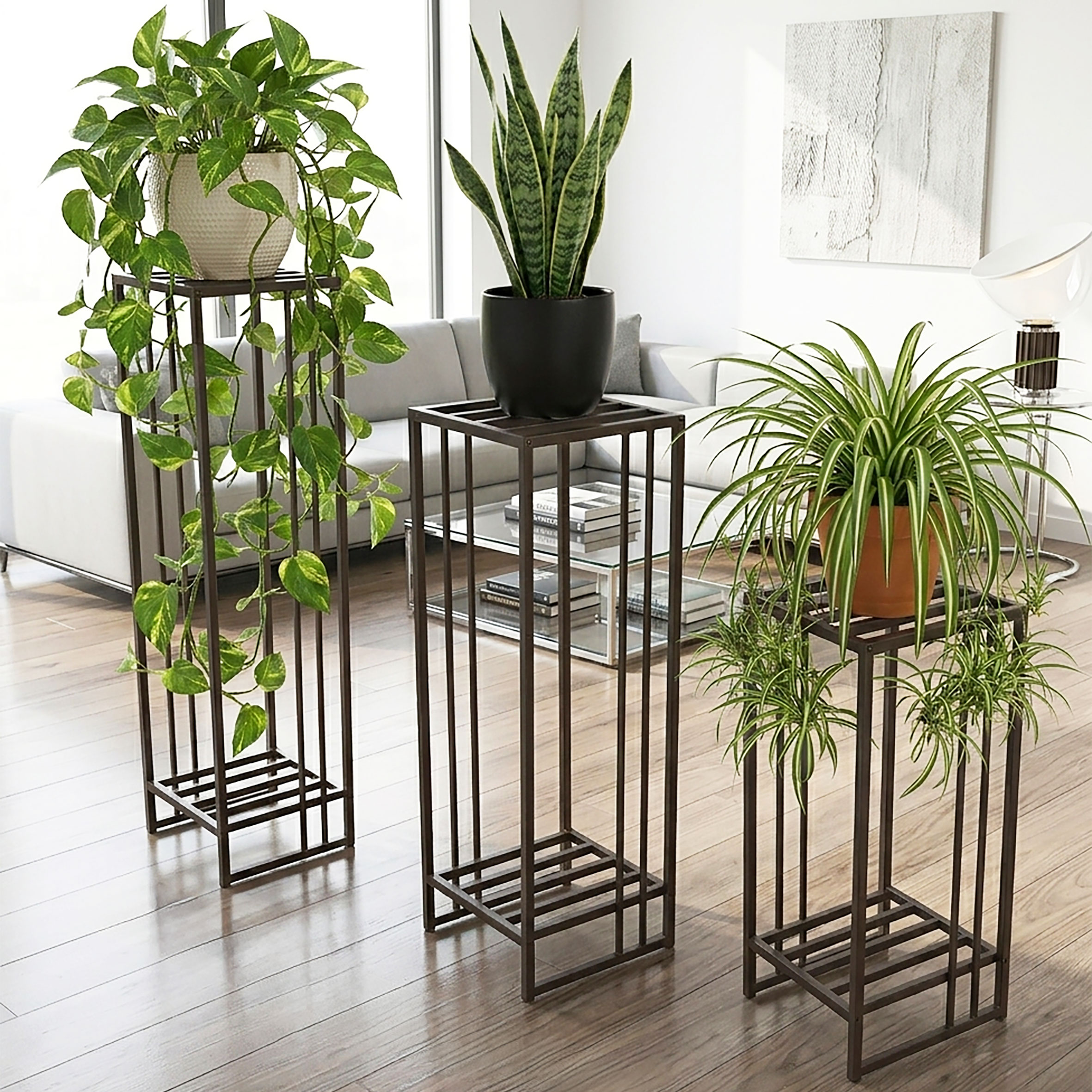 Rechteckige Pflanzenständer aus Metall im 3er Set - 95 / 75 / 55 - moderner Deko Blumen Hocker