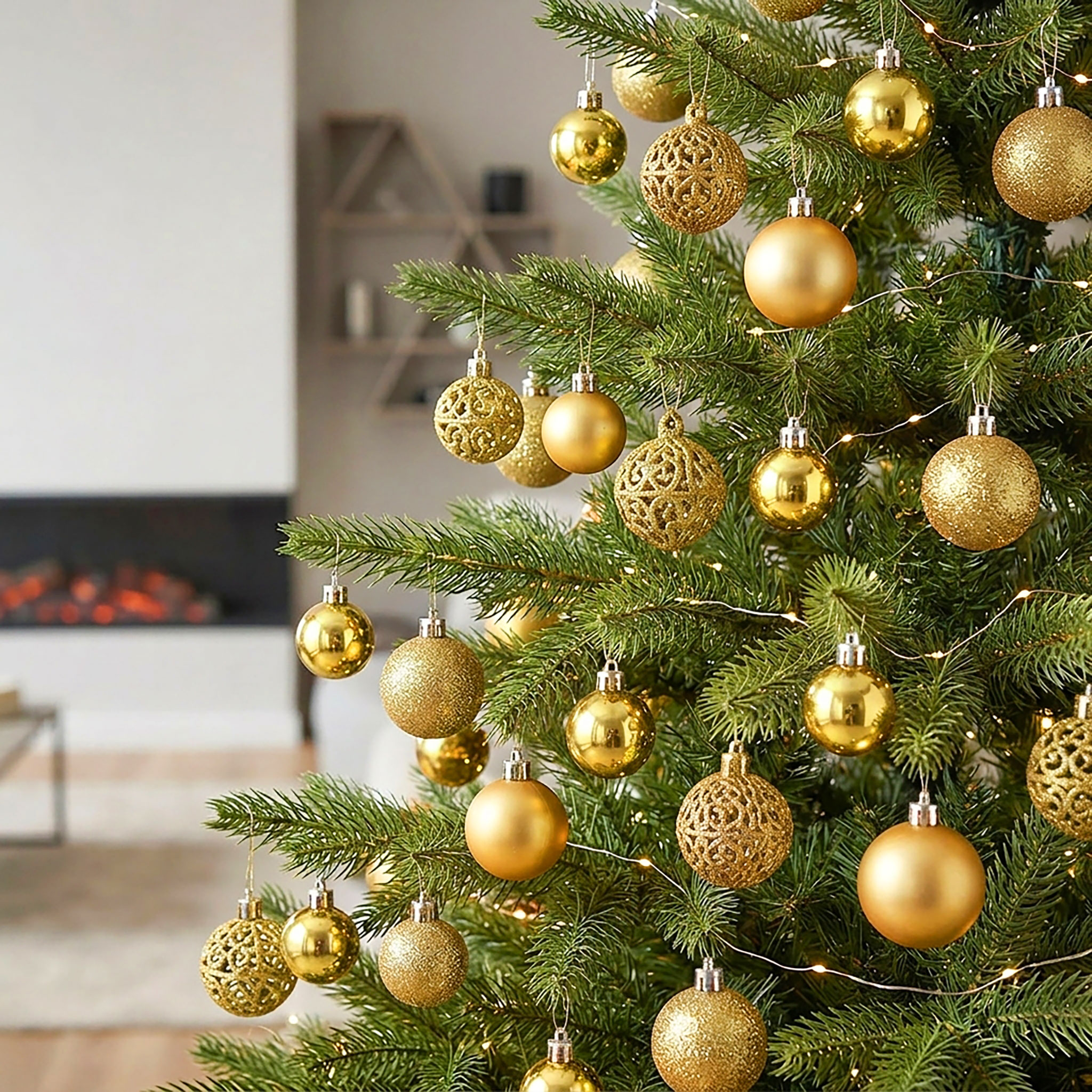 Kunststoff Christbaumkugel Set 50-teilig bruchsicher - gold - Design Weihnachtskugeln inklusive Metall Haken