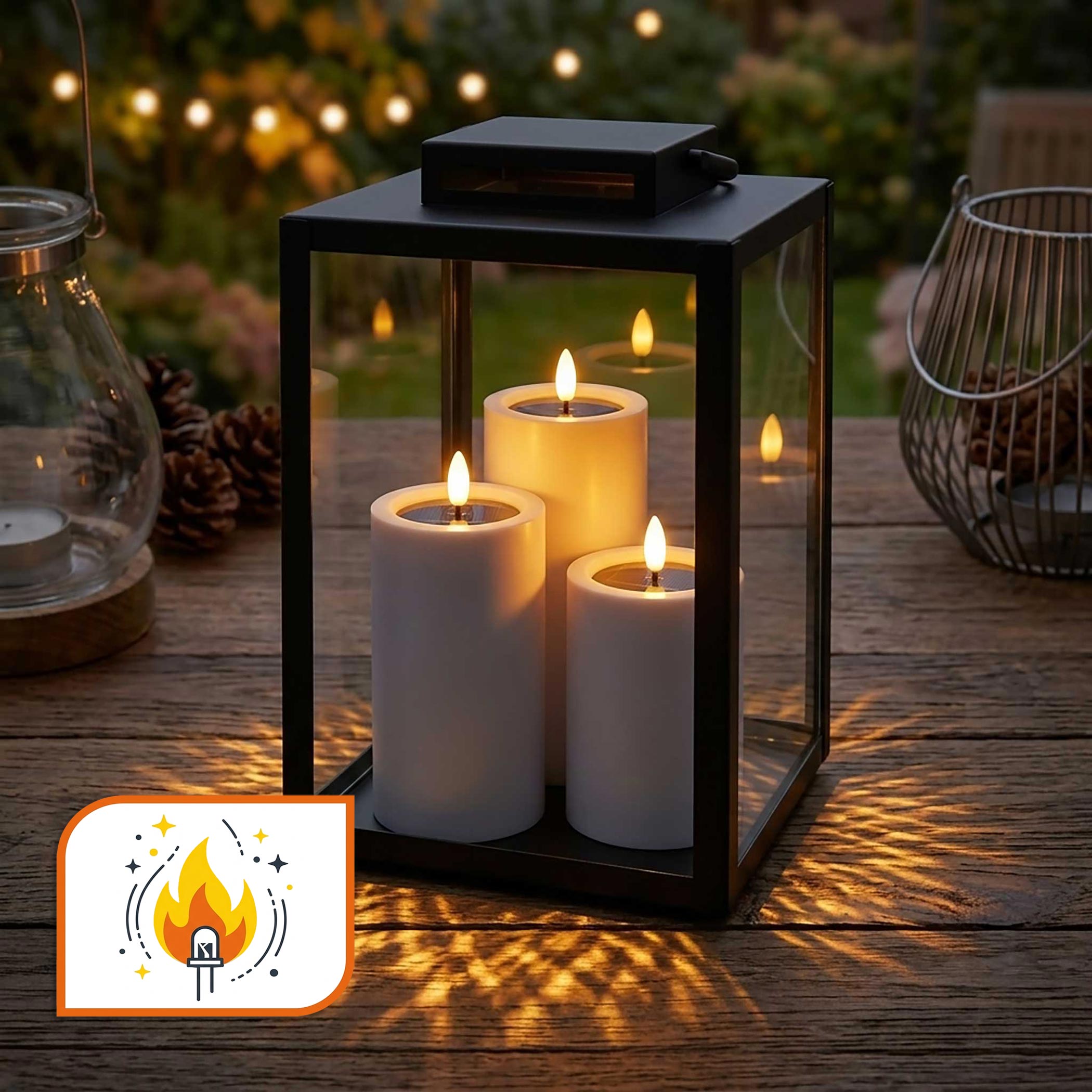 Solar LED Stumpenkerzen mit Flammen Effekt 3er Set - 15 / 12 / 10 cm - Künstliche Kerze warm weiß für Außen mit Flackereffekt