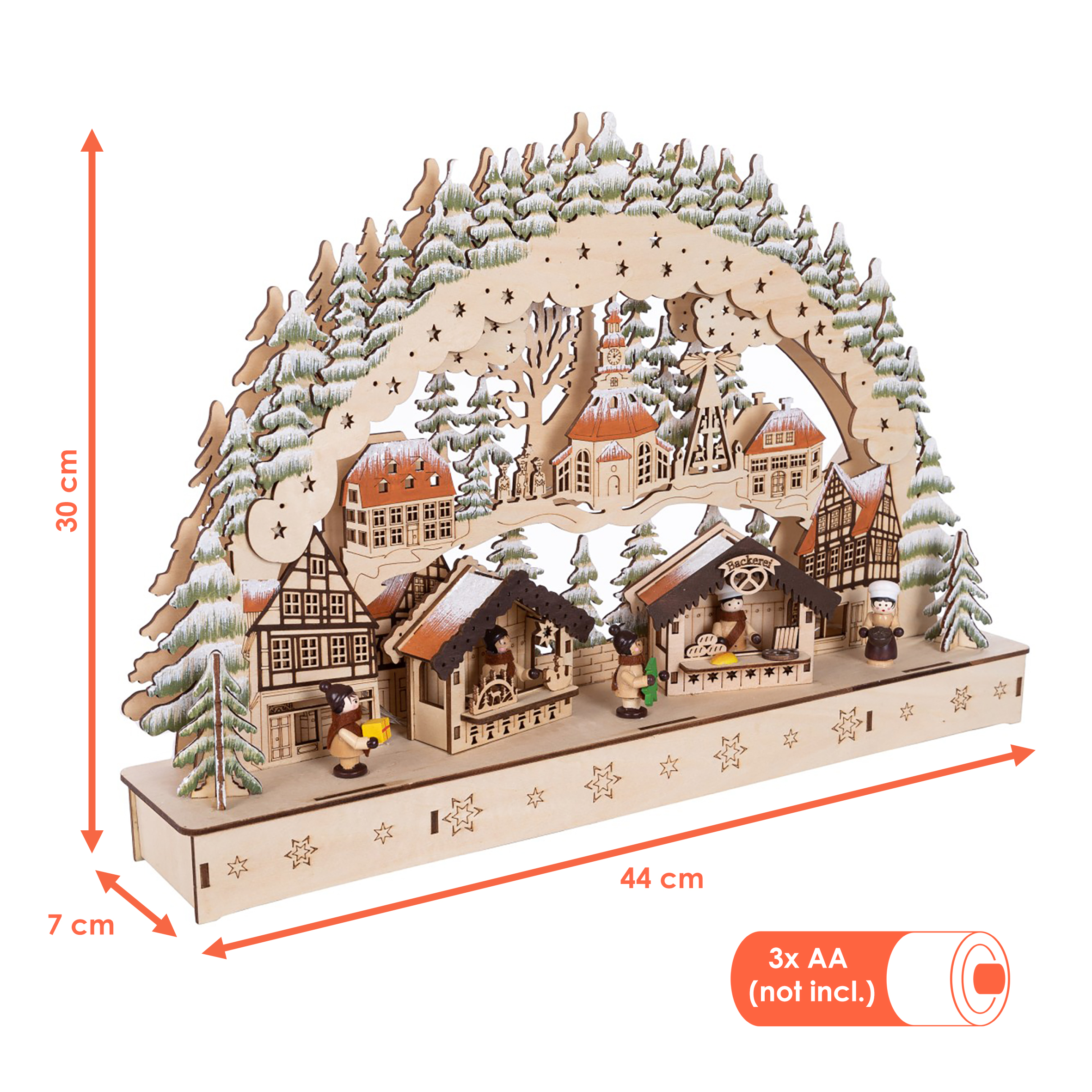LED Holz Schwibbogen 44 x 30 cm - Motiv: Wintermarkt - Deko Lichterbogen mit Weihnachtsmotiv