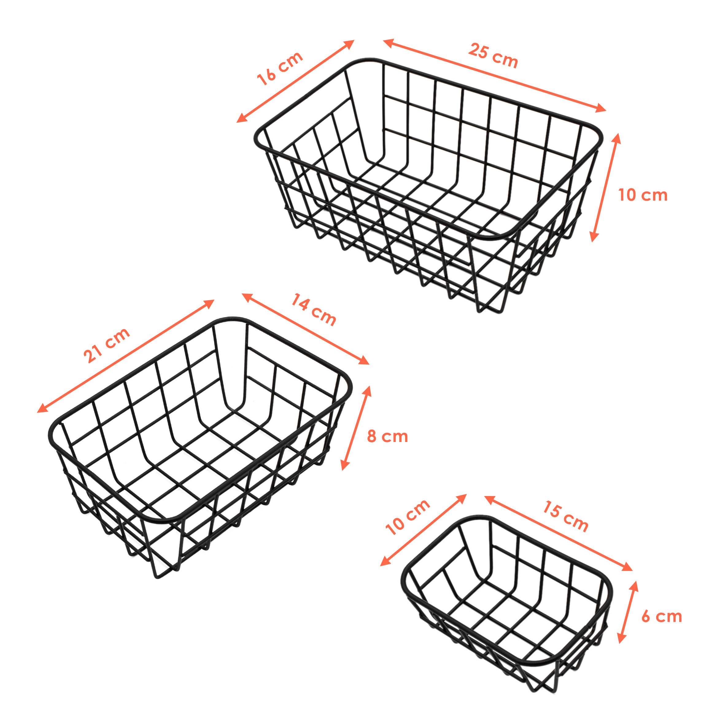 Metall Aufbewahrungskorb schwarz je 2x 25 / 21 / 15 cm - 6er Set