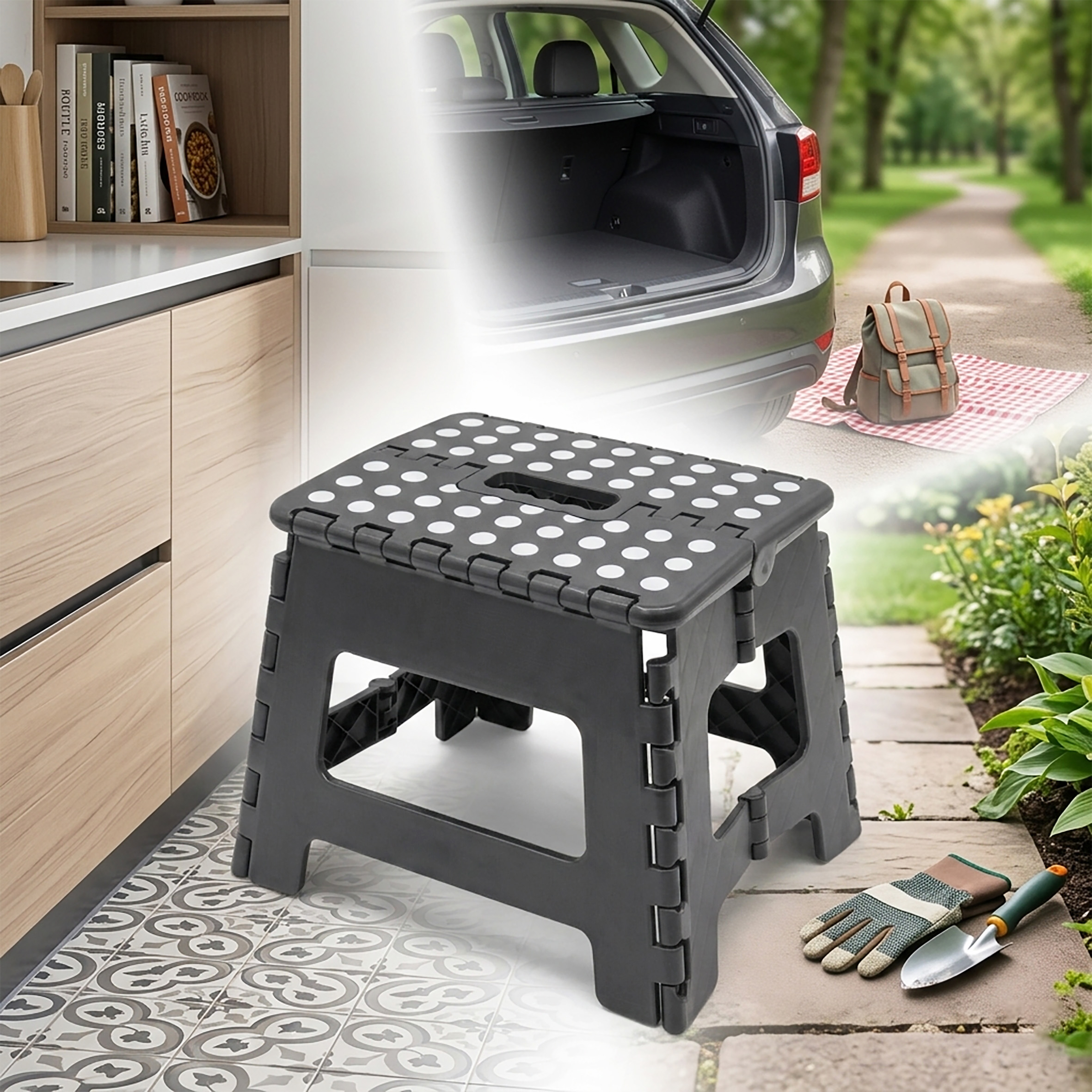 Kunststoff Klapptritt grau bis 150 kg mit Tragegriff und Antirutsch - 29 x 22 cm - Tritthocker klappbar mit rutschfester Trittfläche