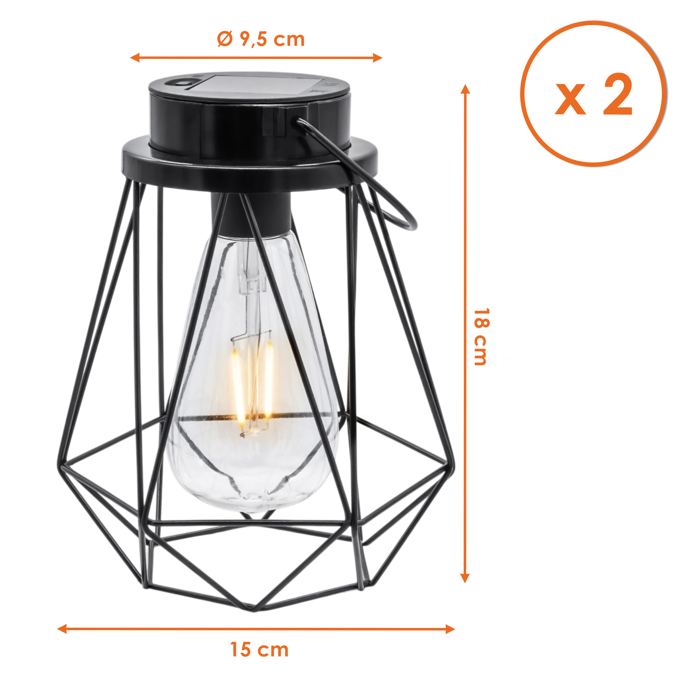 Solar Laterne schwarz 18 x 15 cm zum Hängen oder Stellen - 2er Set - Industrial Design Dekoleuchte mit LED Glühbirne warm weiß