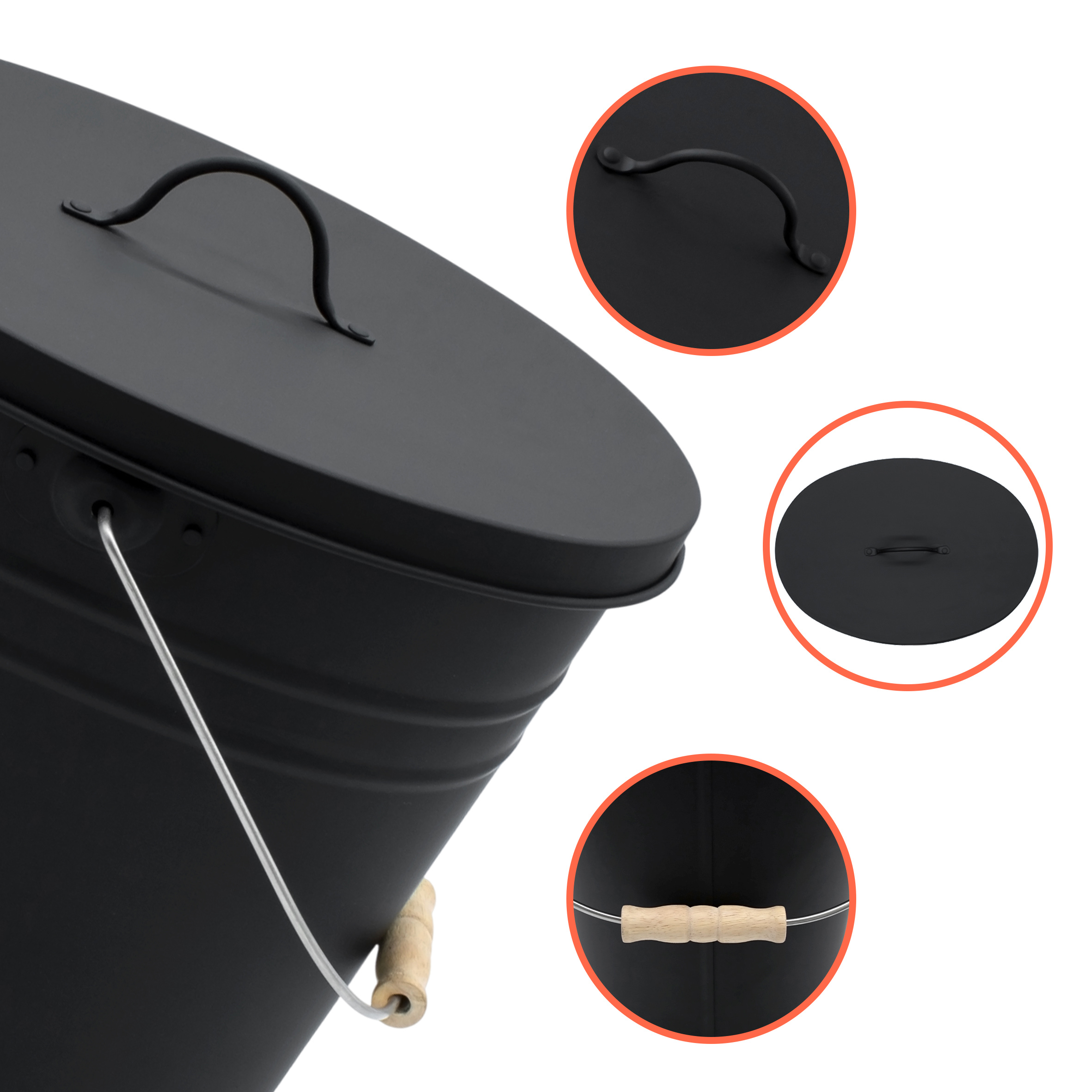 Zink Ascheeimer Oval mit Holzgriff und Deckel 15 L - schwarz - Metall Eimer zum Bepflanzen oder Transportieren