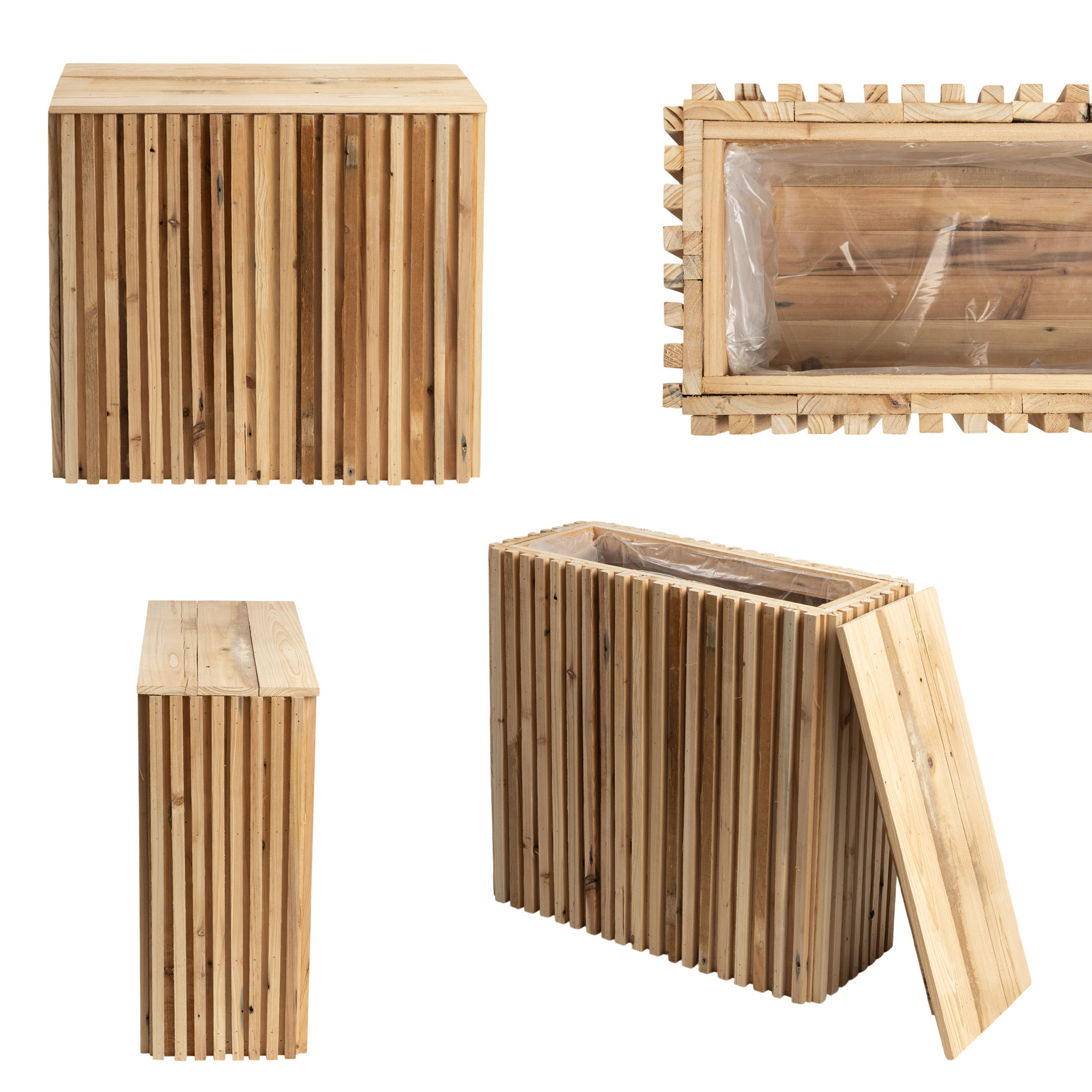 Holz Pflanzkasten Kiefer natur rechteckig mit Folie - 53 x 52 cm - Holz Sockel naturbelassen mit Deckel