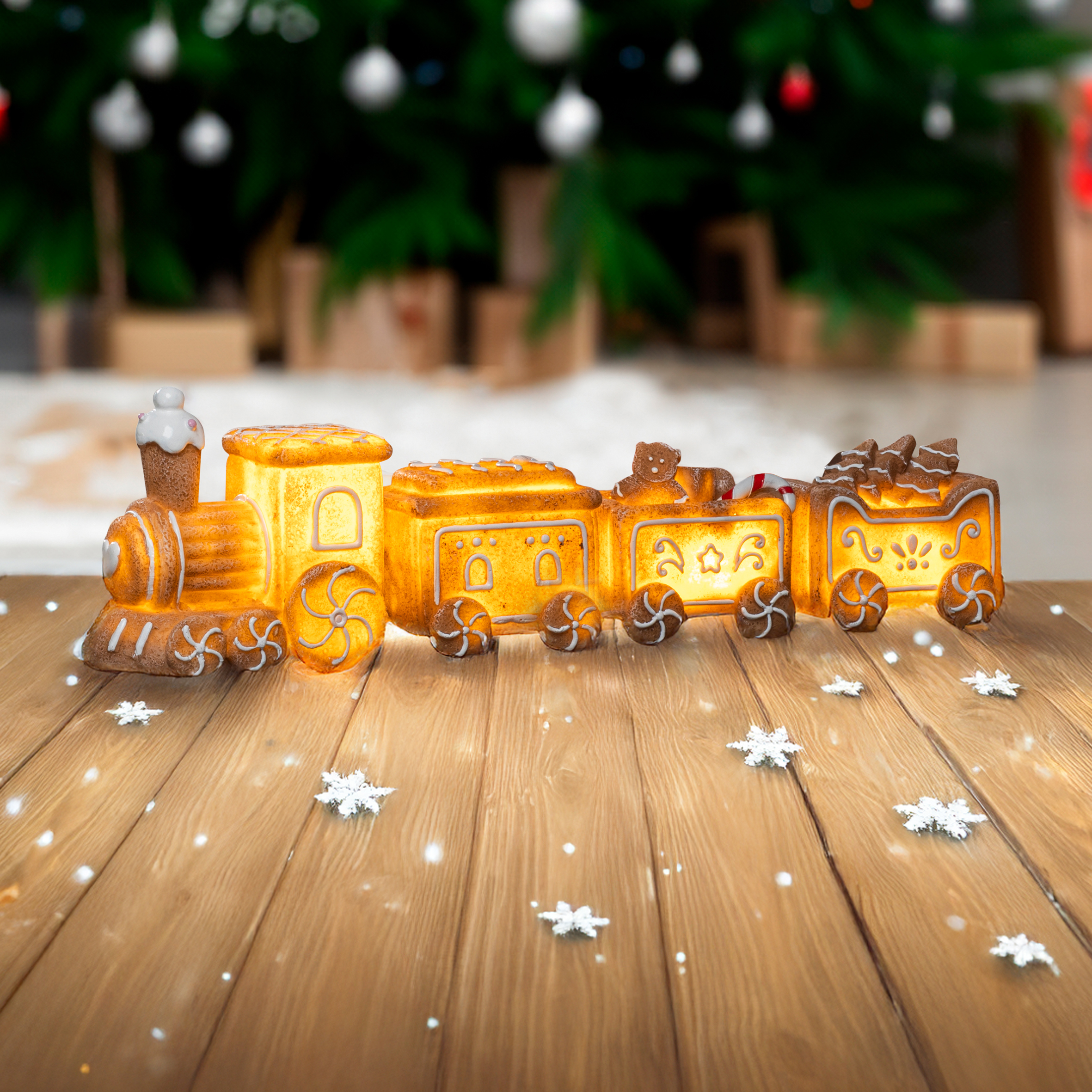 LED Lebkuchen Weihnachtszug Aufsteller warm weiß - 4-teilig - Deko Zug beleuchtet Batterie betrieben
