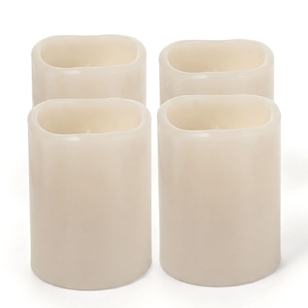 LED Wachs Stumpenkerze 4er Set creme mit Timer batteriebetrieben - 6,5 x 5 cm - Künstliche Kerze warm weiß mit Flacker Effekt für Innen