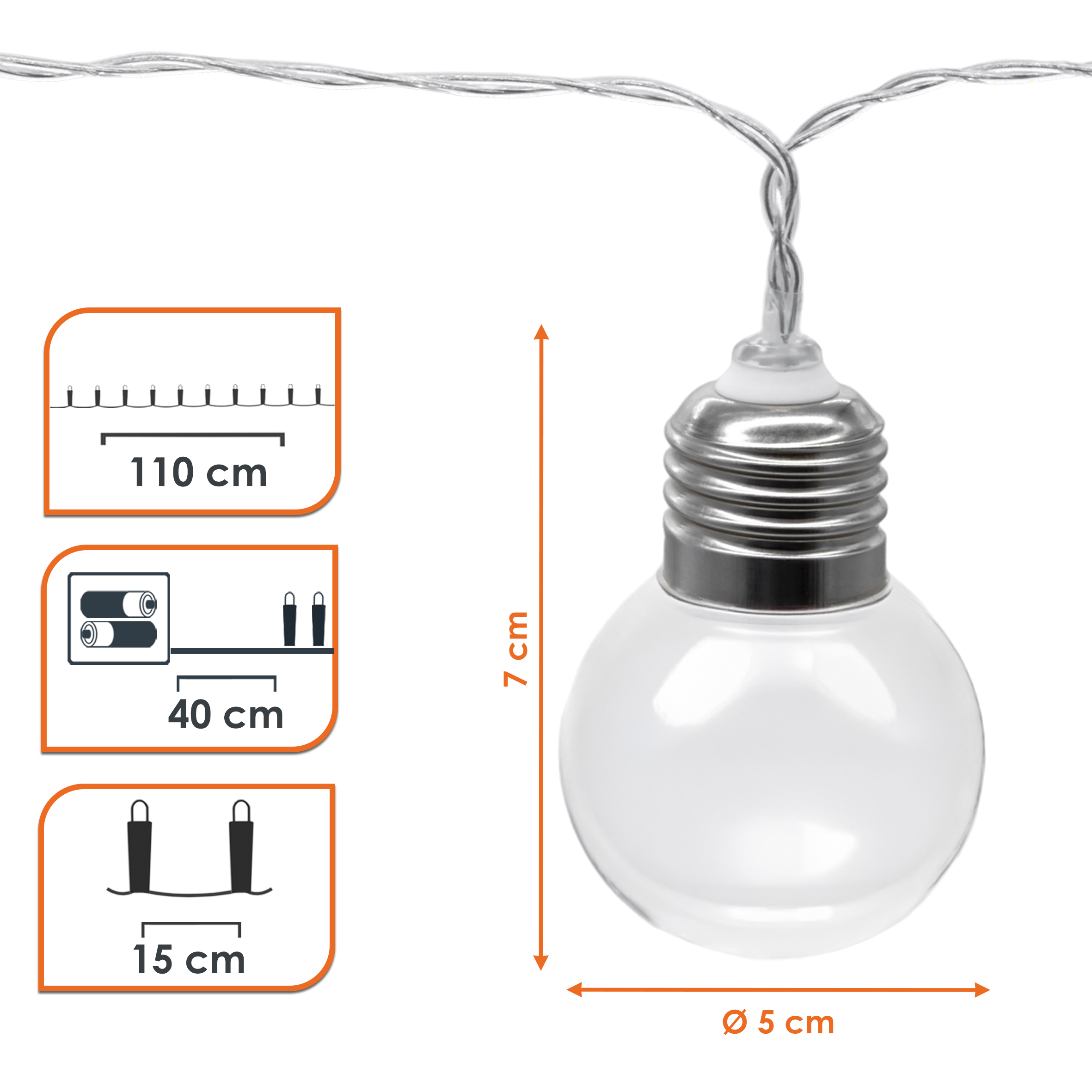 Lichterkette mit 8 LED Glühbirnen für Außen und Innen batteriebetrieben - 110 cm - Garten Dekobeleuchtung mit transparenten Lampen