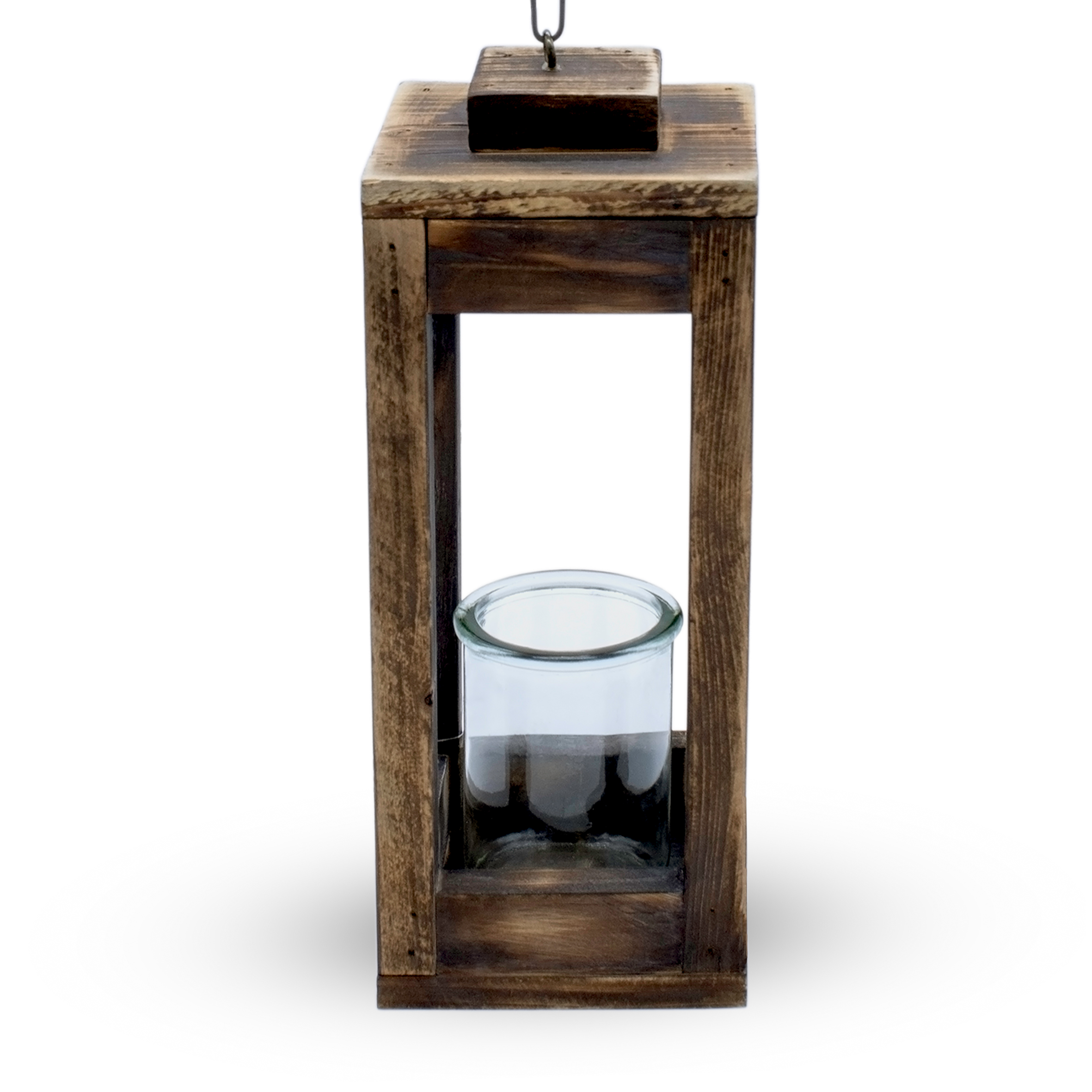 Holz Hänge Laterne mit Metall Kette - 31 cm - Deko Kerzenhalter mit Kerzenglas