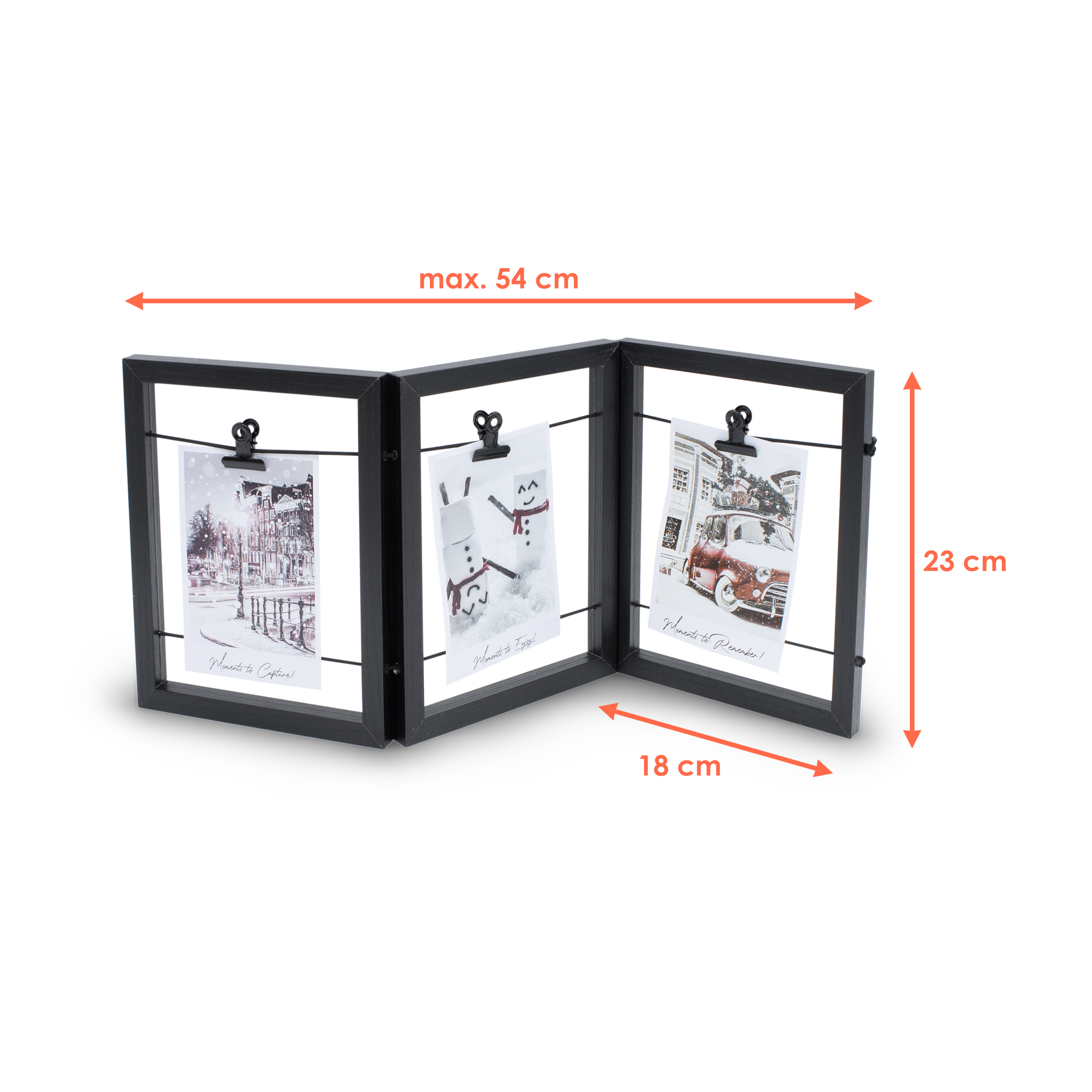 Holz Bilderrahmen mit Gummileine für 3 Fotos - 54 x 23 cm - Fotohalter aufklappbar mit 3 Clips