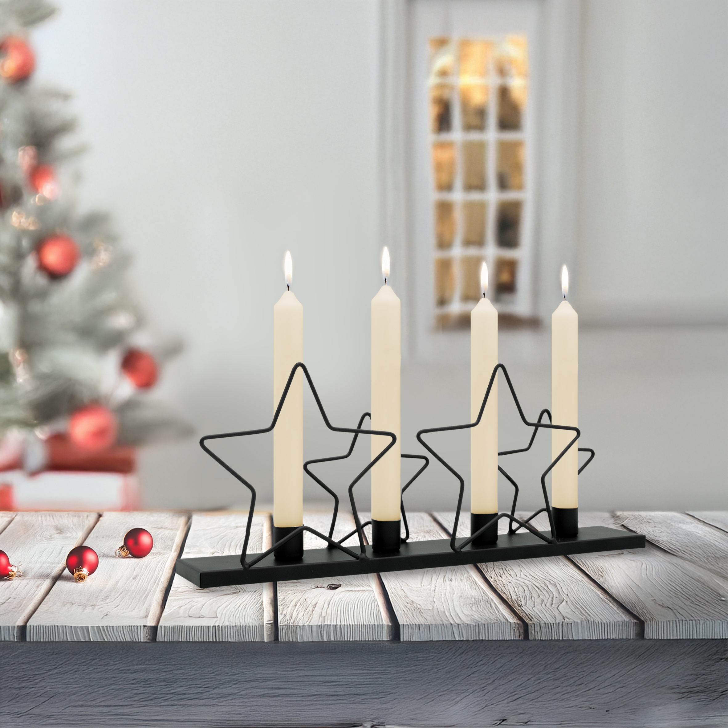 Metall Kerzenständer mit Sternen schwarz - 39 x 16 cm - Advents Kerzenhalter für 4 Stabkerzen