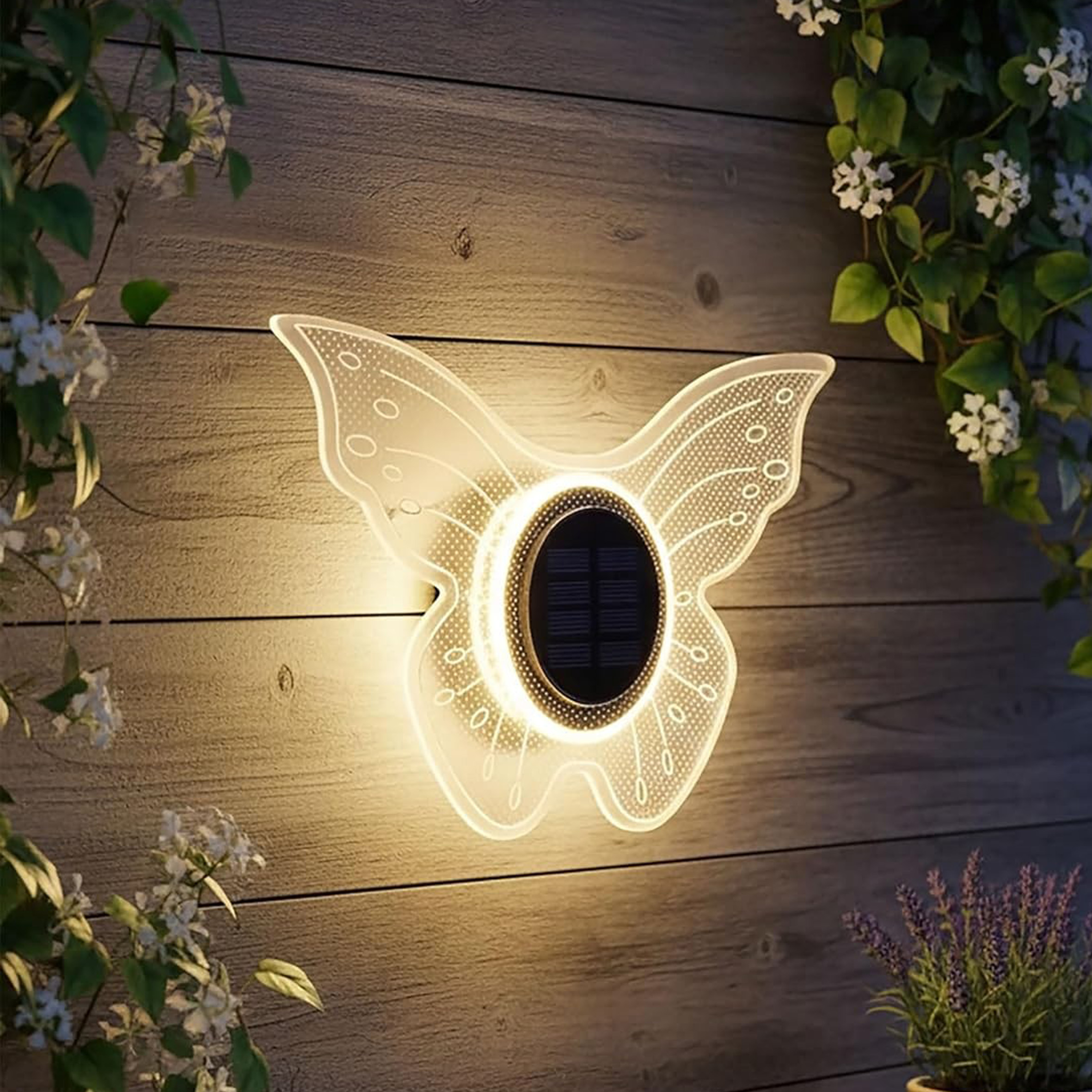 LED Solar Wandlampe Schmetterling transparent - 25 cm - Deko Wandleuchte warm weiß für Außen