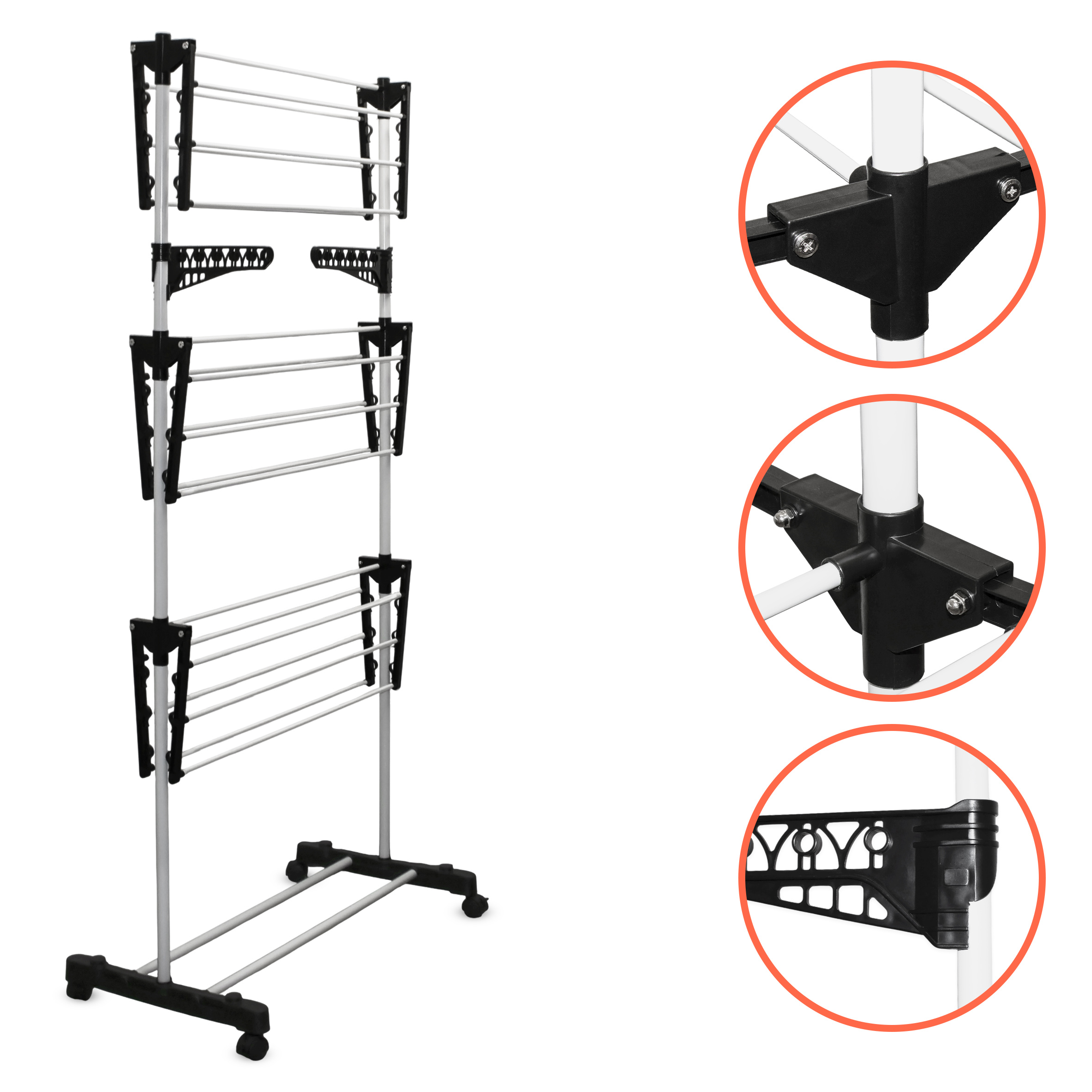 Wäscheständer Turm mit Rollen 15m Trockenlänge - 3 Etagen - Trockengestell 165 x 80 cm mit 6 klappbaren Flügeln