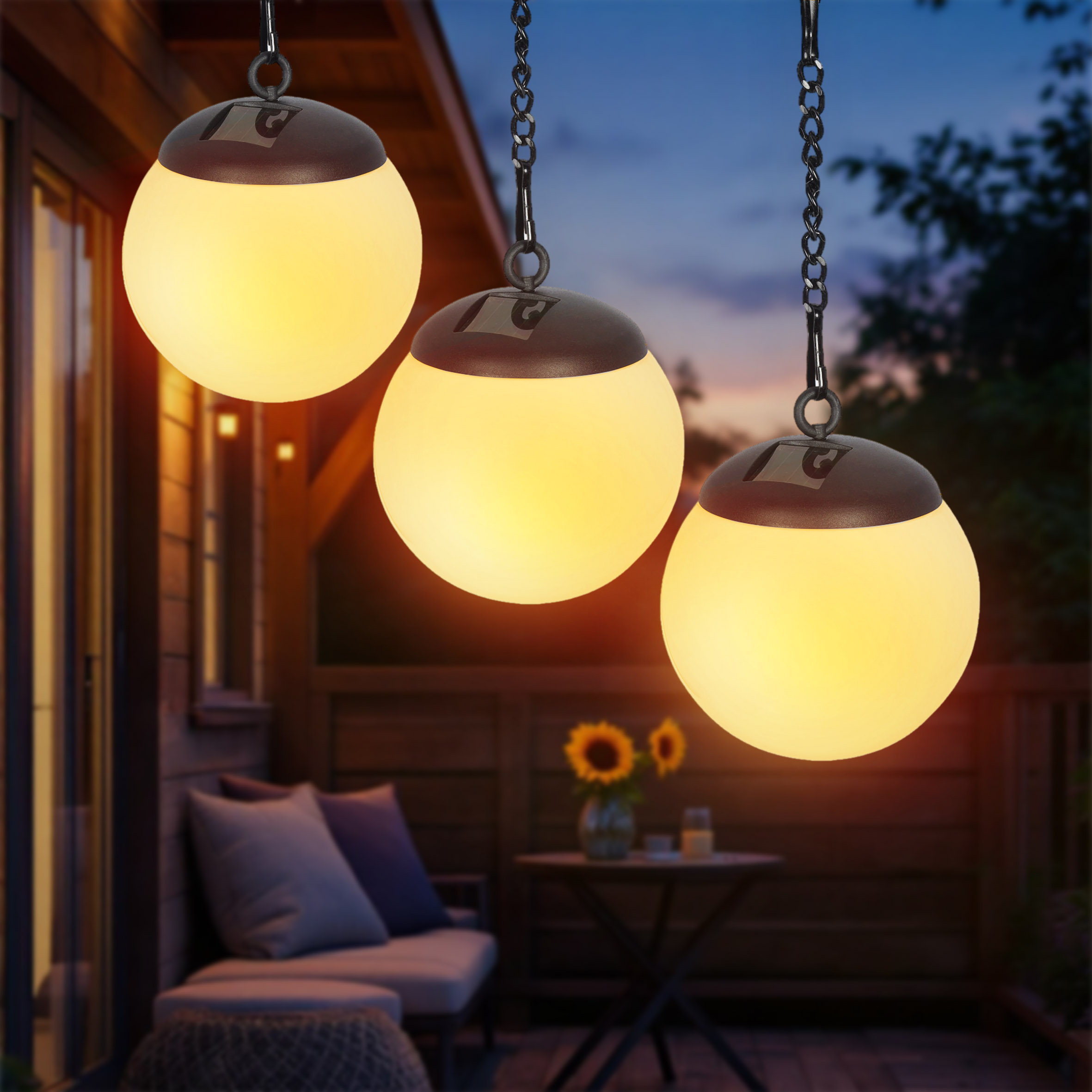 LED Solar Leuchtkugel weiß zum Hängen 29 x 10 cm - 3er Set - Garten Hängeleuchte warm weiß mit Metallkette
