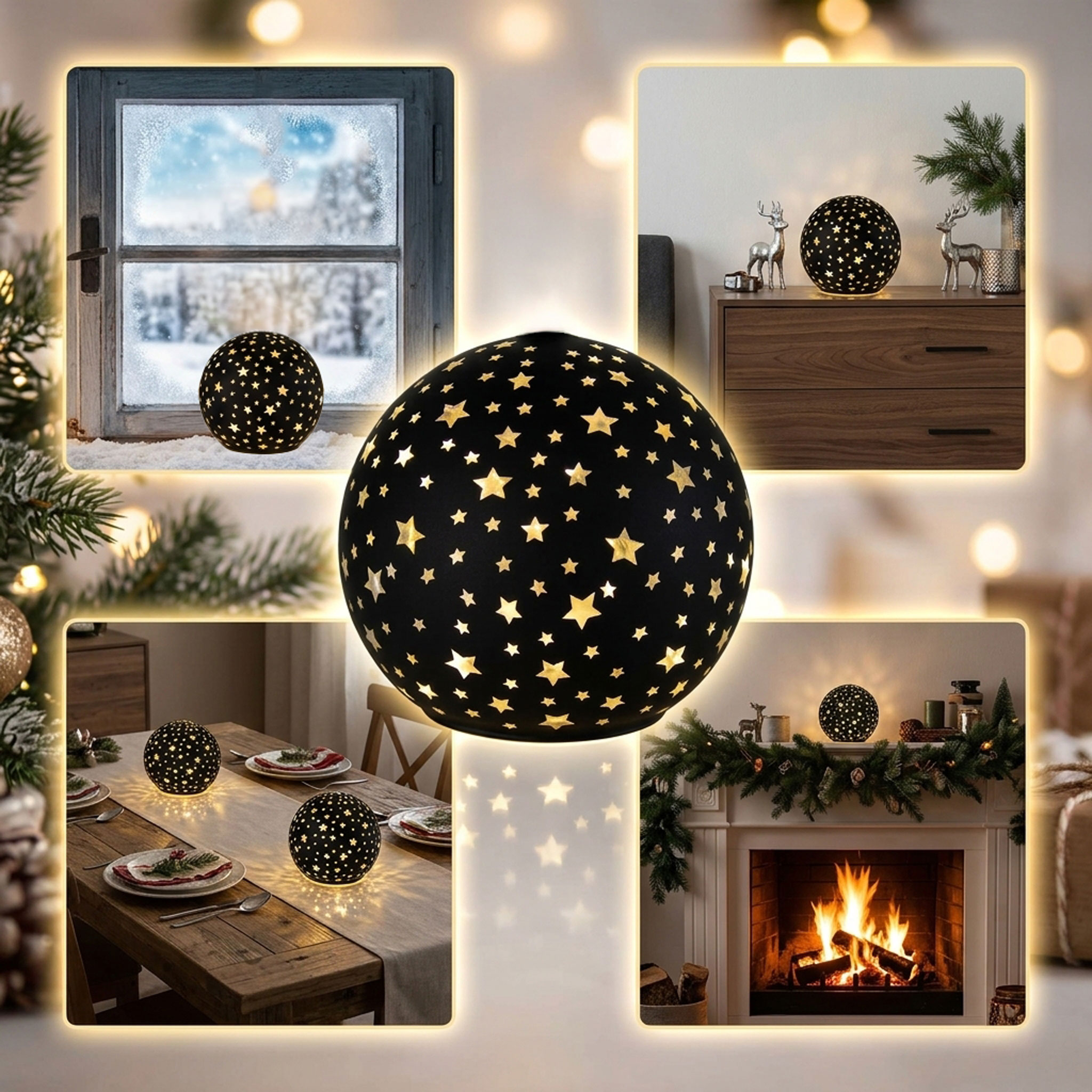 LED Glas Weihnachtskugel matt schwarz zum Stellen mit Timer - 12 cm - Leuchtkugel mit Sternen warm weiß beleuchtet batteriebetrieben