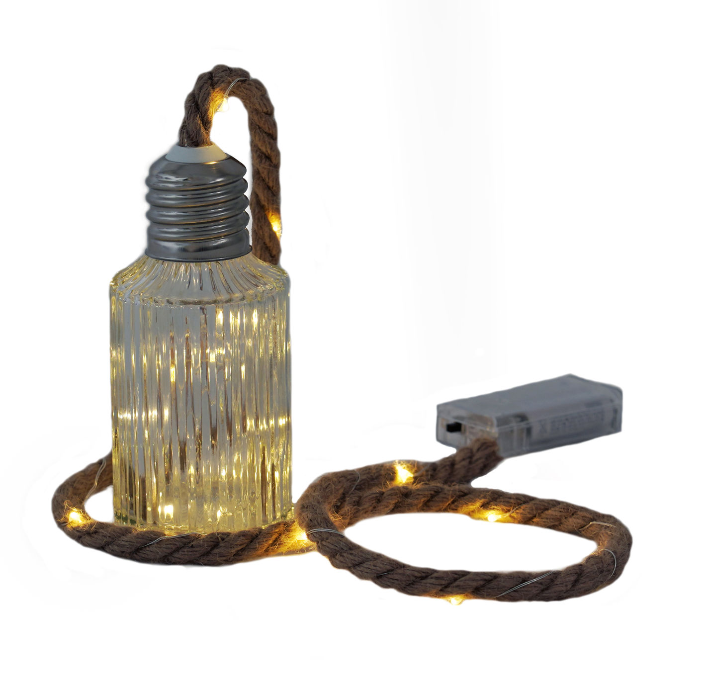 LED Deko Glas Flasche mit Seil 15 cm - 20 LED - Tischlampe warmweiß beleuchtet 