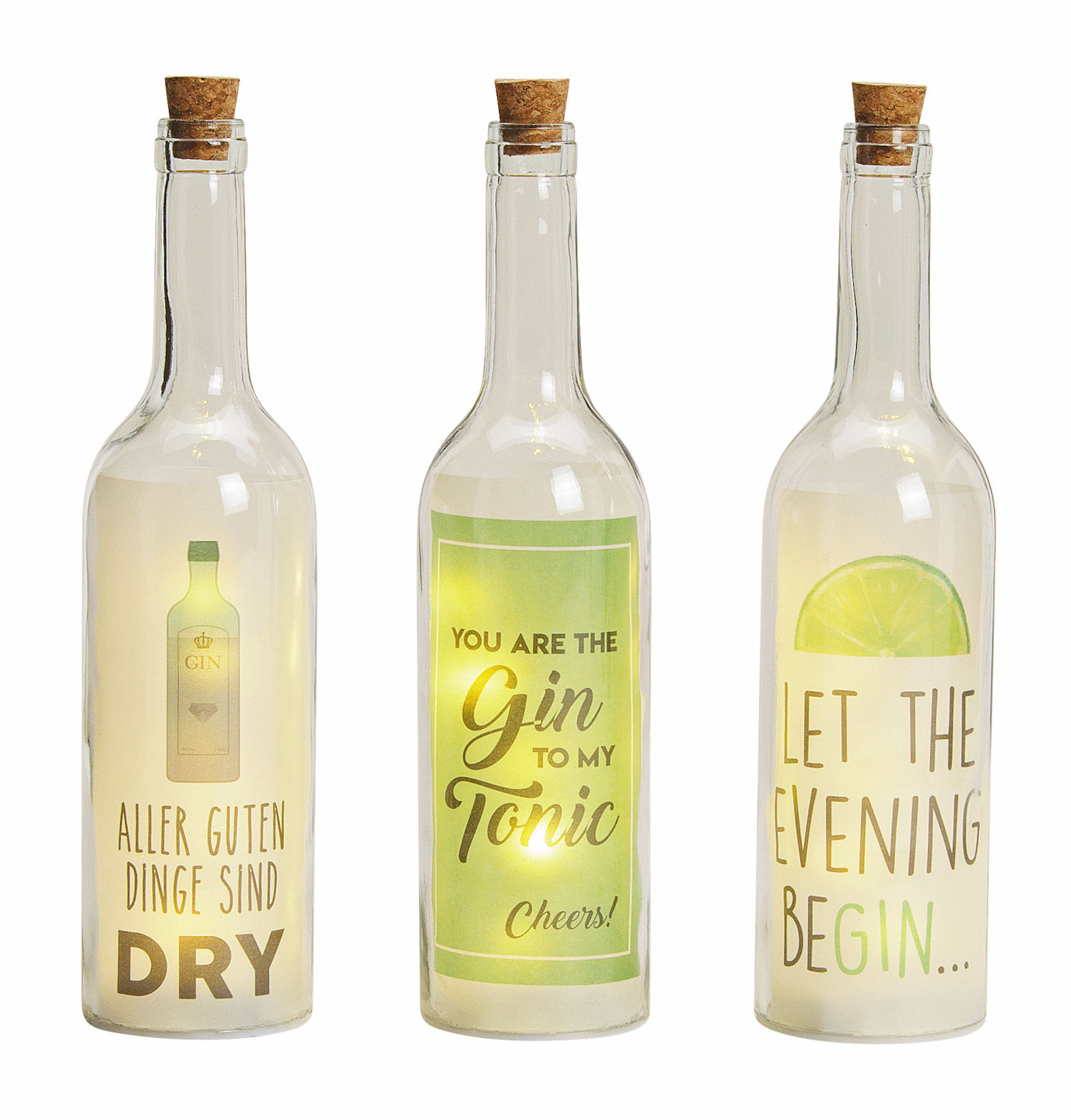LED Deko Flasche GIN 5 LED - 3er Set - Flaschenlicht beleuchtete Weinflasche