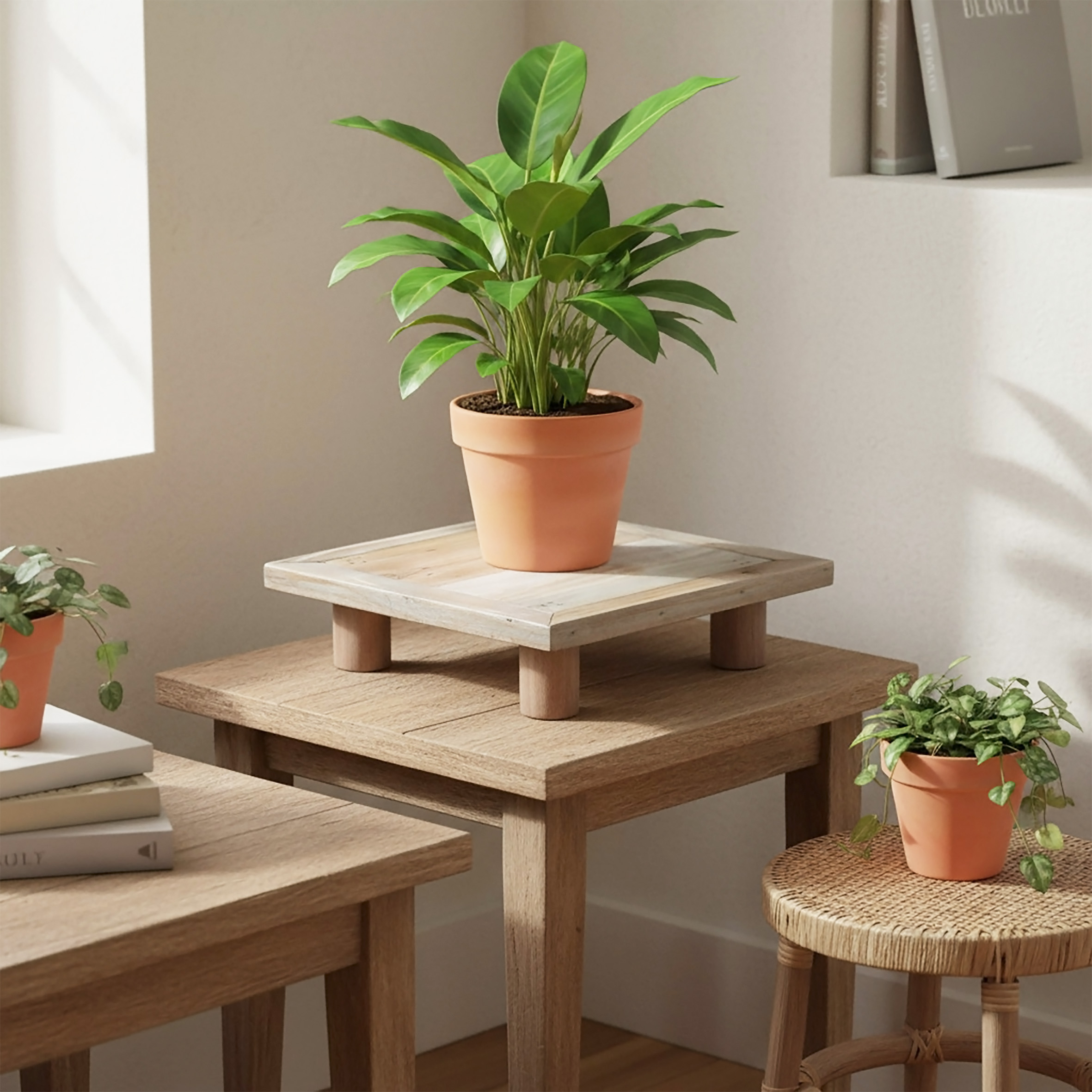Deko Blumenteller natur klein quadratisch - 20 x 20 cm - Mini Holz Pflanzenhocker mit 4 Füßen