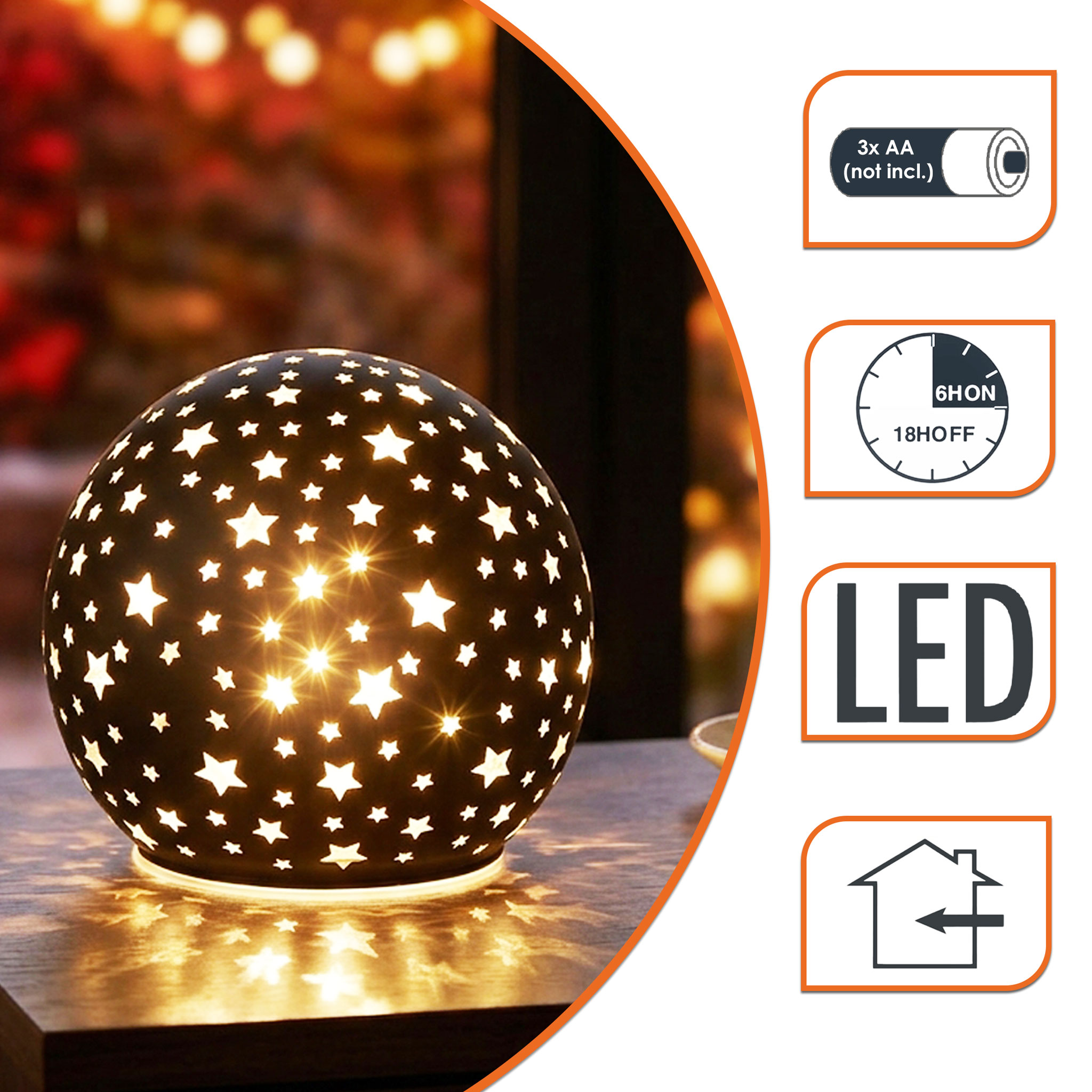 LED Glas Weihnachtskugel matt schwarz zum Stellen mit Timer - 12 cm - Leuchtkugel mit Sternen warm weiß beleuchtet batteriebetrieben
