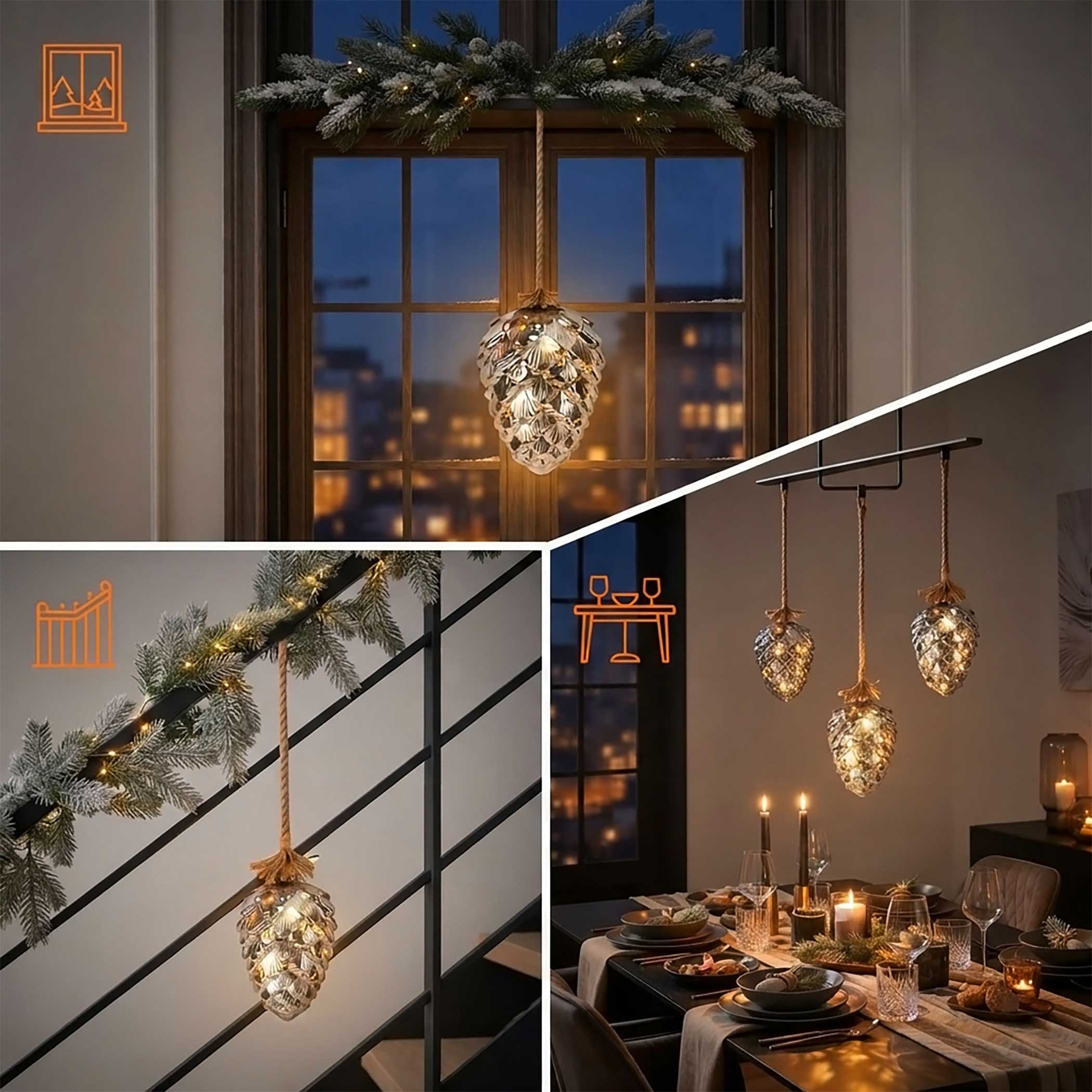 XL Glas Tannenzapfen zum Hängen 15 LED mit Timer - 22 x 15 cm - Zapfen Dekohänger warm weiß beleuchtet Batterie betrieben