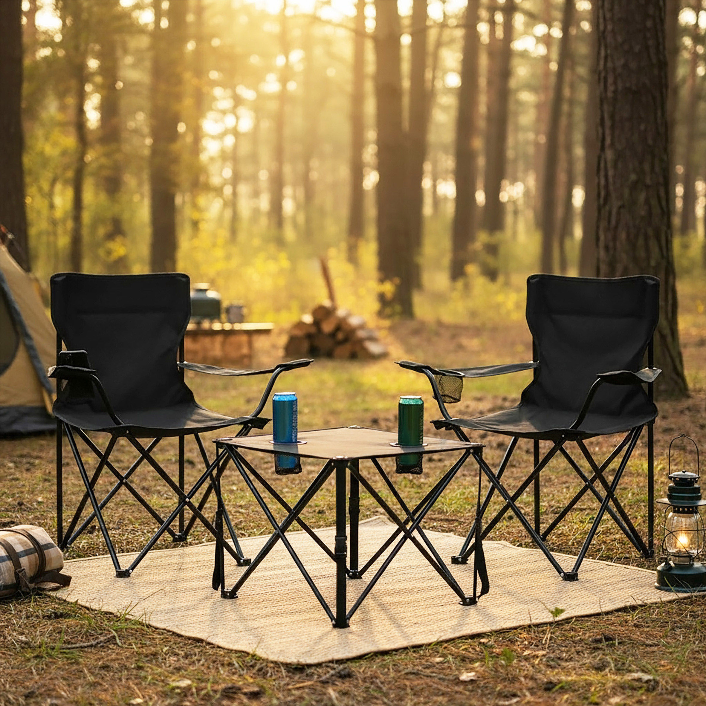 Camping Sitzgruppe schwarz 1x Tisch + 2x Stuhl mit integrierten Getränke Haltern - 3-teilig