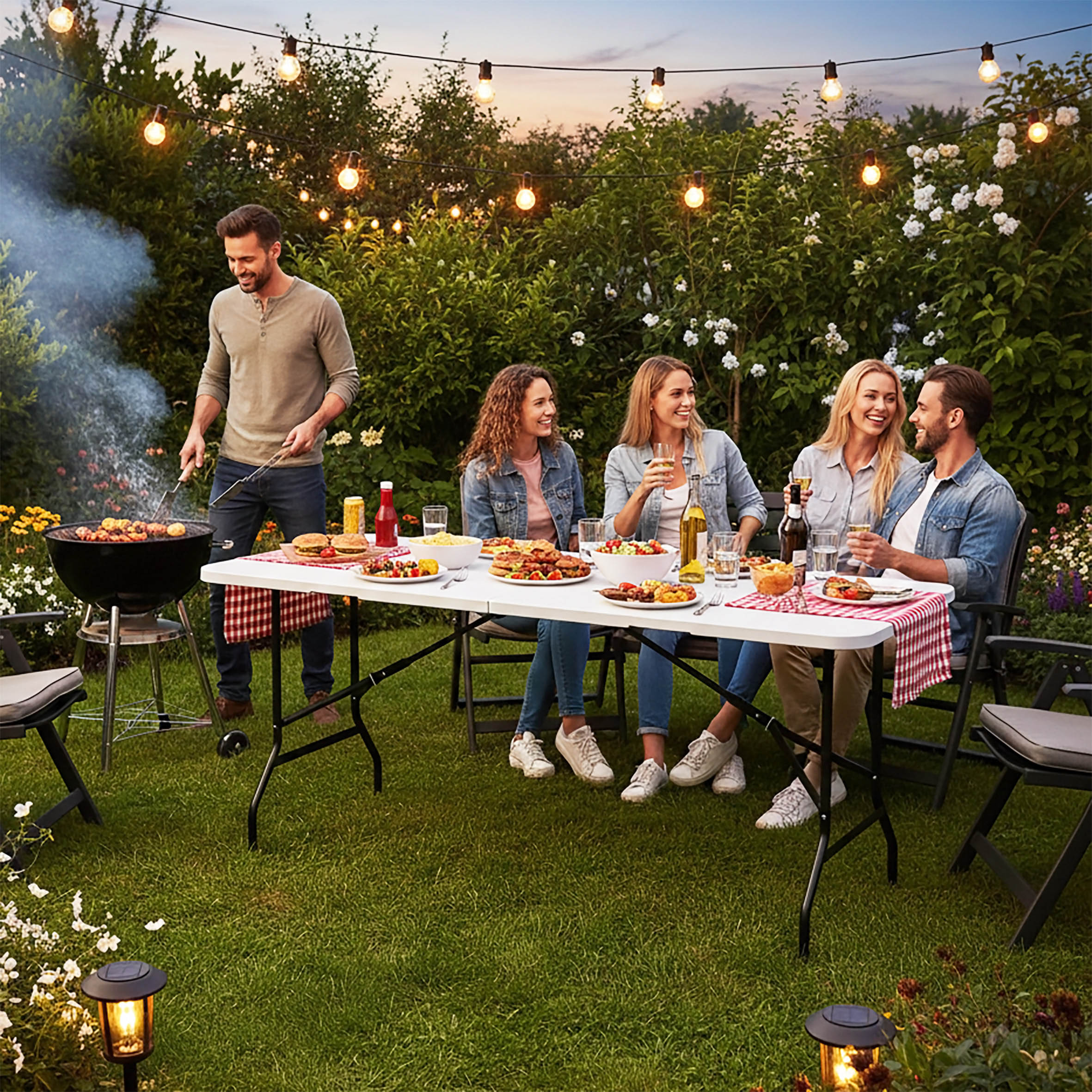 XL Klapptisch weiß mit Stahlgestell wetterfest - 180 x 68 cm - Campingtisch groß klappbar mit Tragegriff