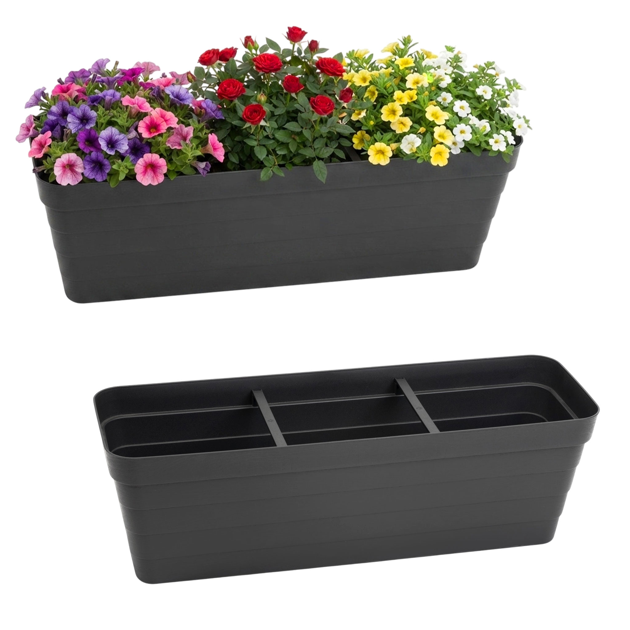 Balkon Blumenkasten Bewässerungssystem 60 cm - 2er Set- Kunststoff Geländer Pflanztopf in anthrazit