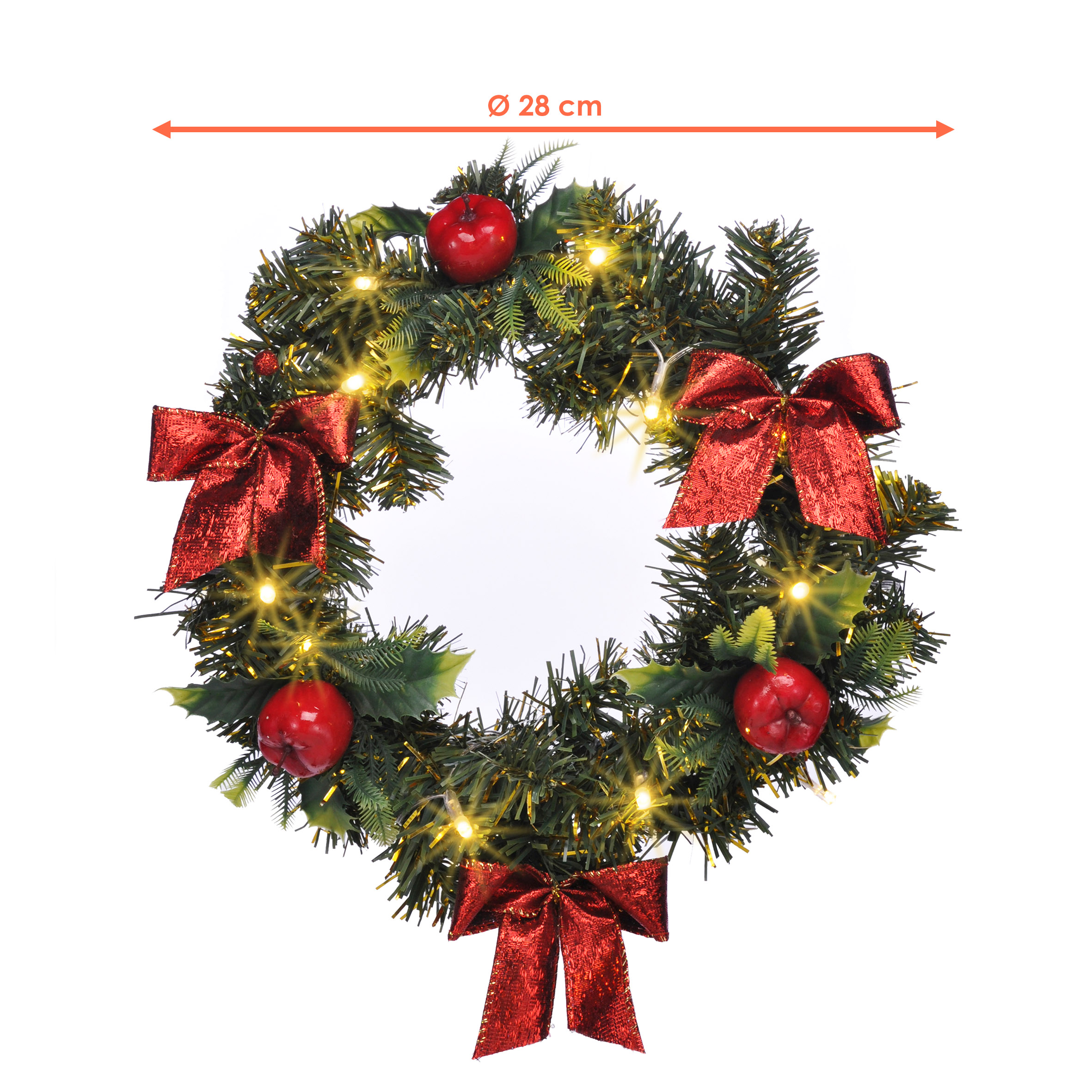LED Kunst Tannenkranz grün warm weiß beleuchtet mit Timer - Ø 28 cm - Weihnachtskranz mit Dekoration Batterie betrieben