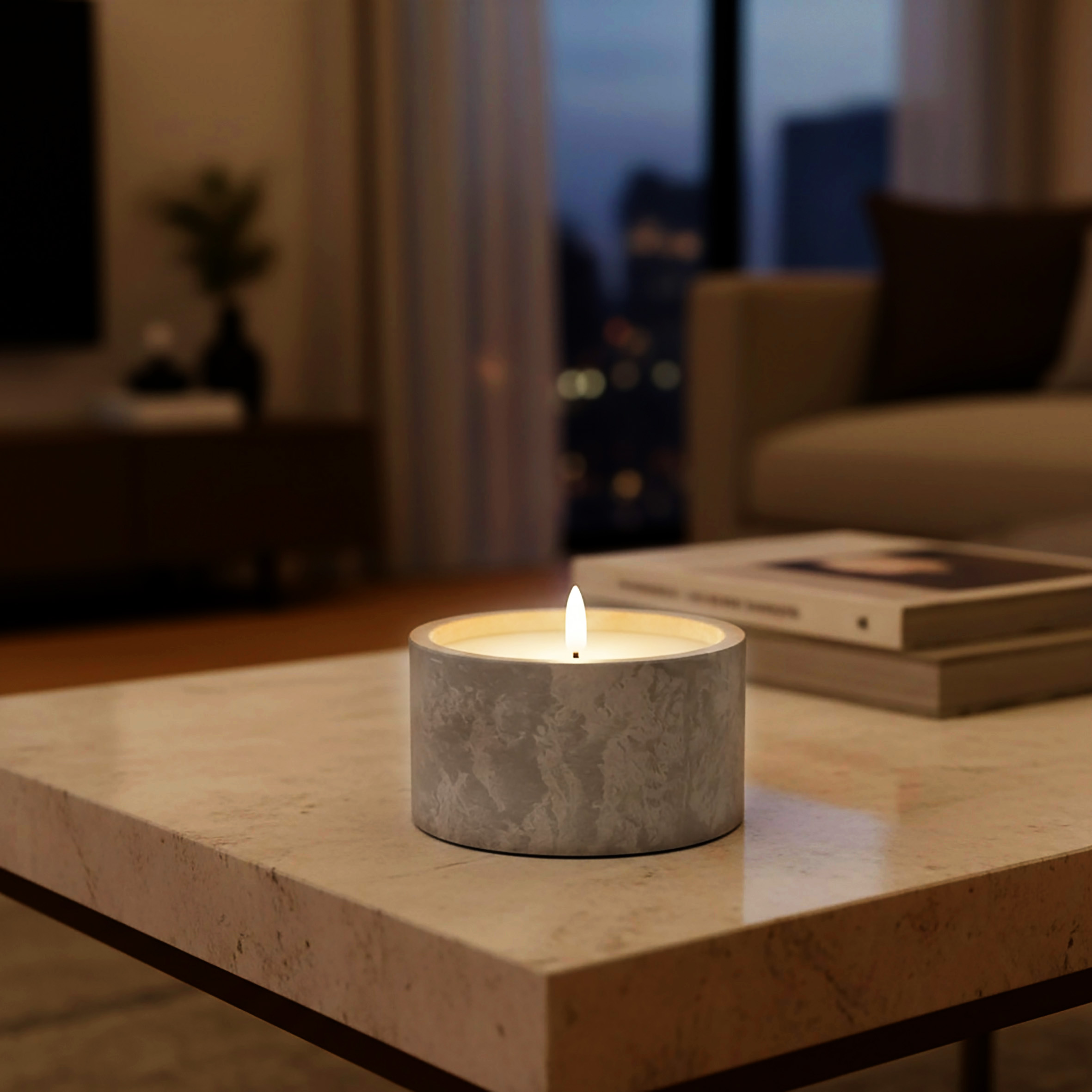 2er Set LED Outdoor Kerze in Beton Optik mit Timer batteriebetrieben - 12 x 6 cm - Künstliche Tischkerze warm weiß für Außen und Innen mit Flammeneffekt
