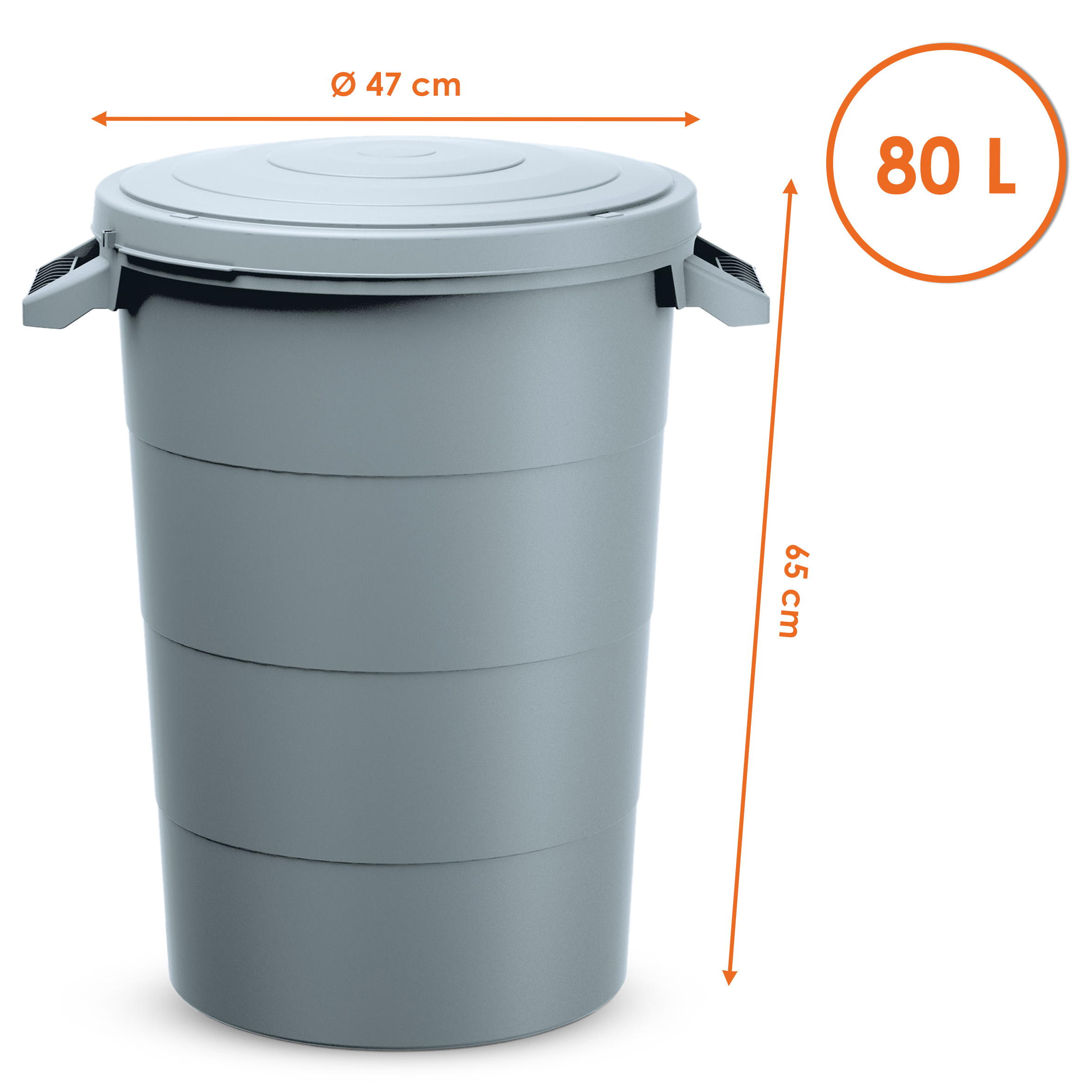 Regenwasser-Tank 80 Liter mit Deckel - grau - Universal Kunststoff Tonne mit Tragegriffen - Regentonne Garten Abfall Eimer