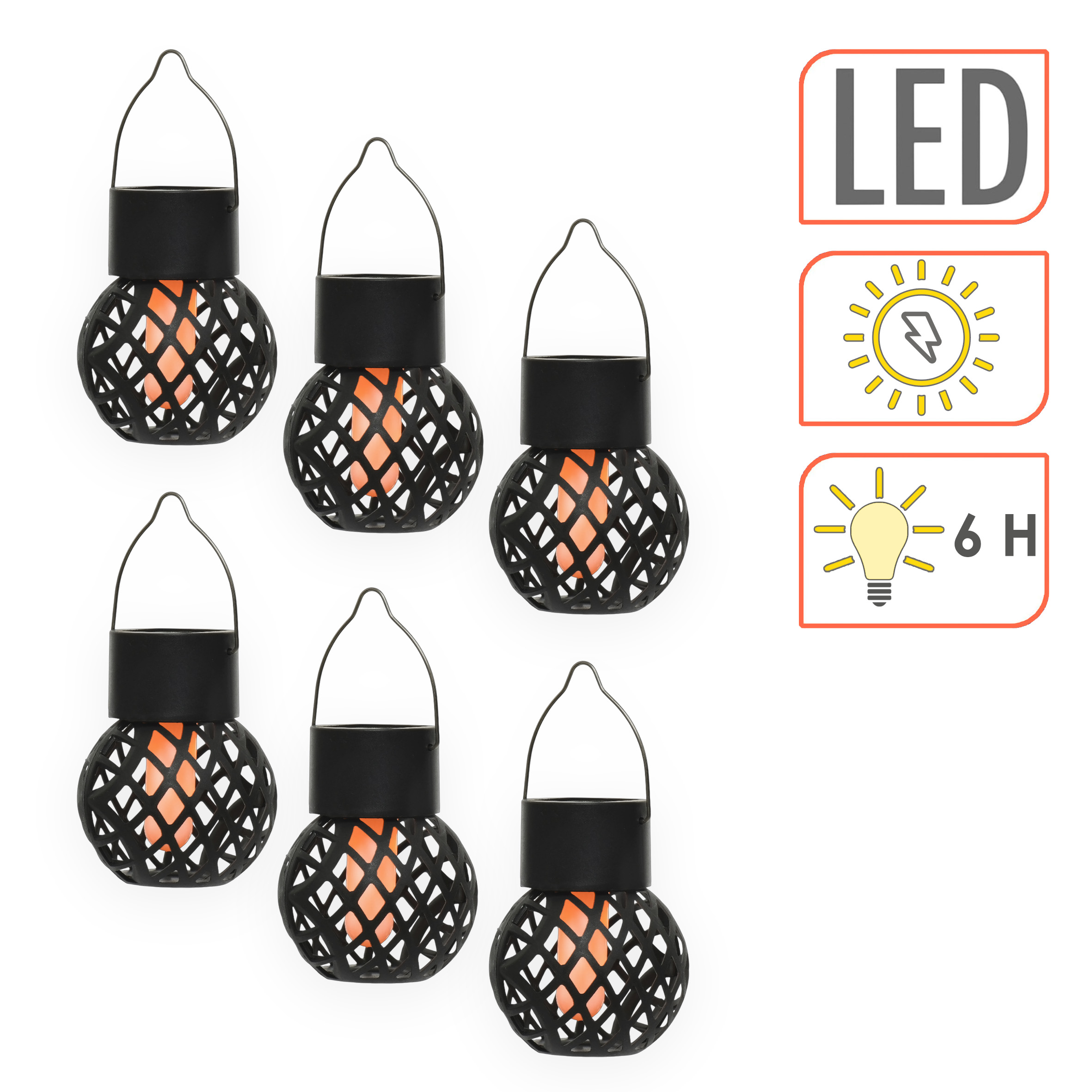 Solar Mini Hängeleuchten 9 x 7 cm mit Flammeneffekt - 6er Set - LED Laternen klein zum Hängen für Außen