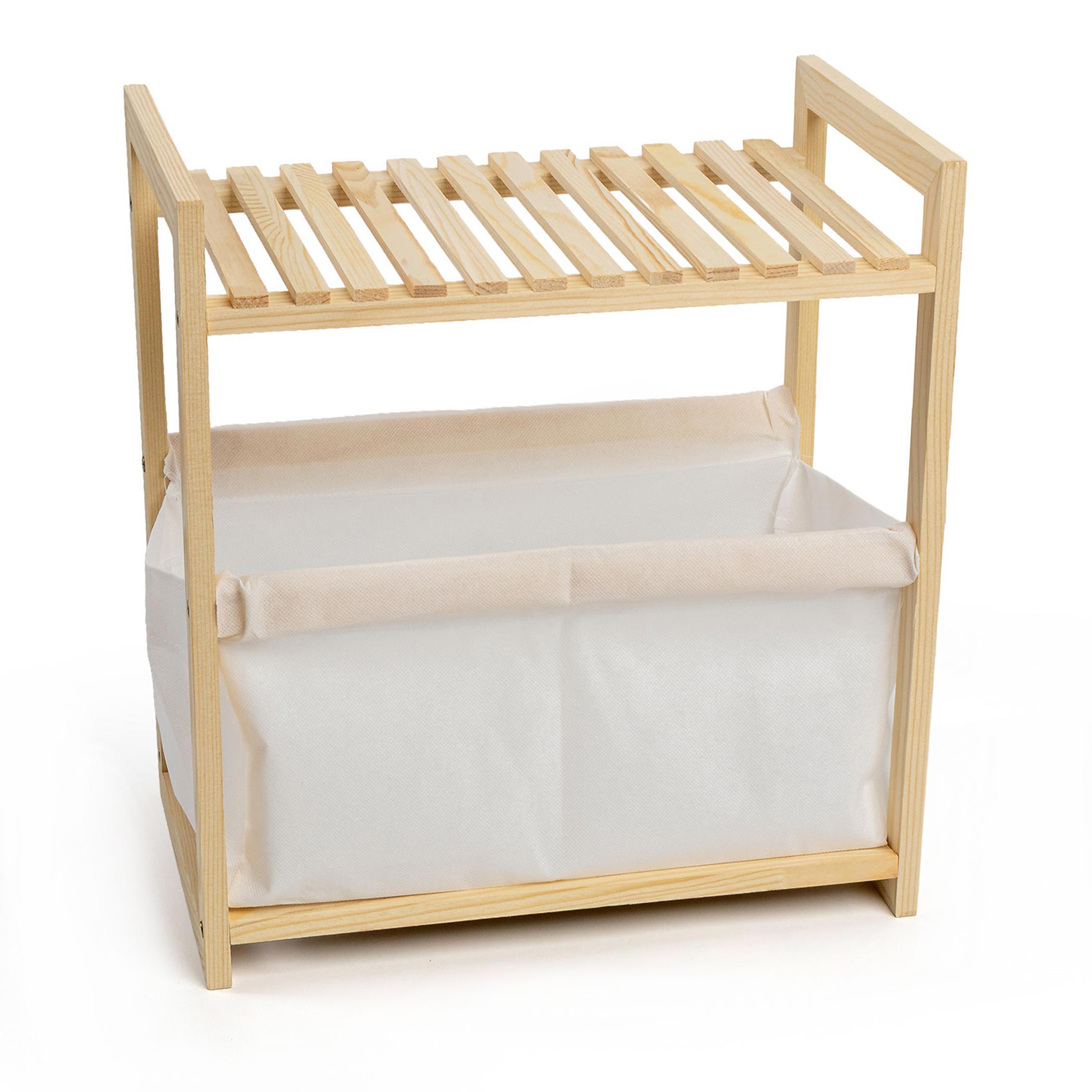 Holz Badezimmerregal natur mit Stoffkorb - 39 x 36 cm - Standregal im Scandi-Design klein mit Ablage und Korb