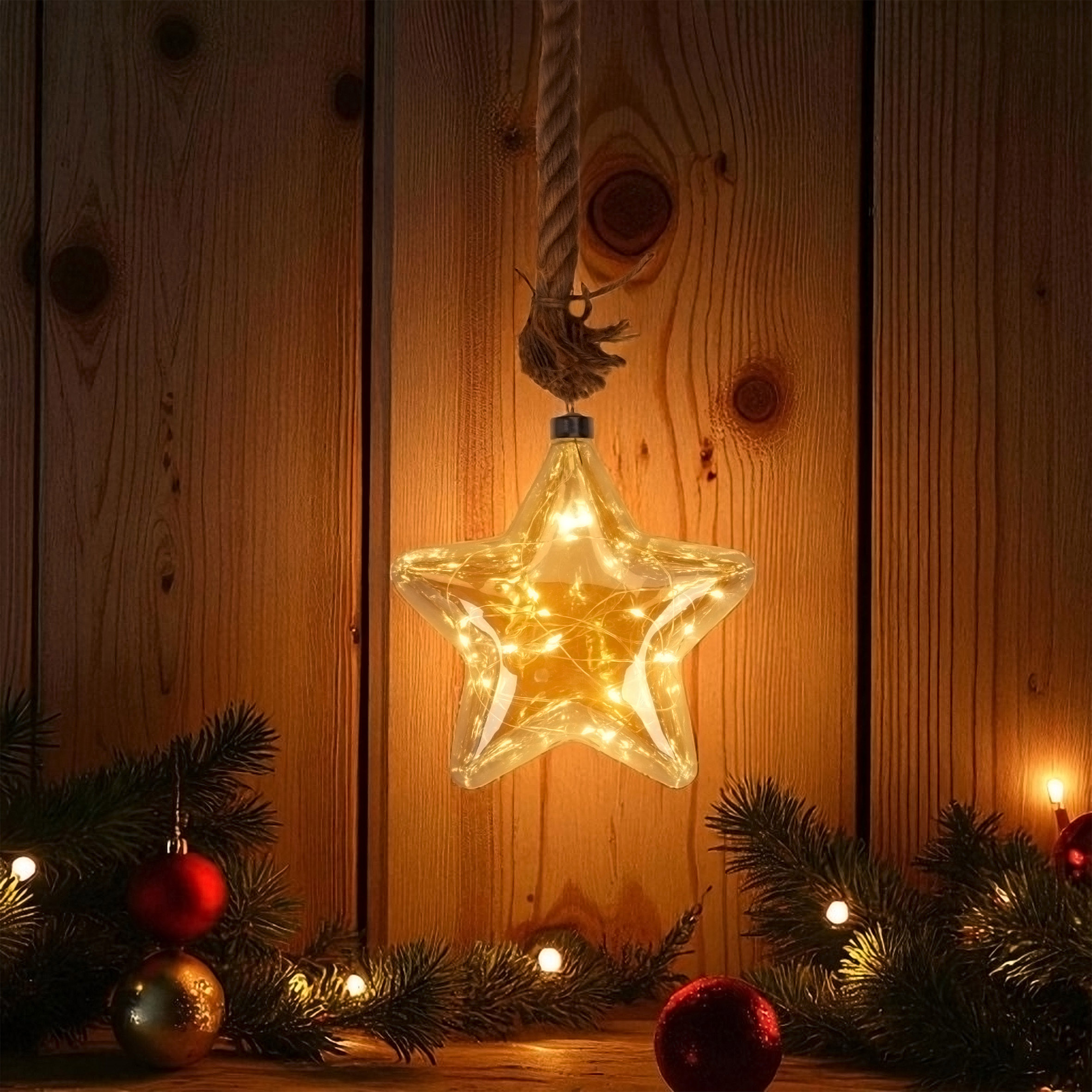 LED Glas Weihnachtsstern mit Tau zum Hängen mit Timer - Ø 20 cm - Stern Dekohänger warm weiß beleuchtet Batterie betrieben