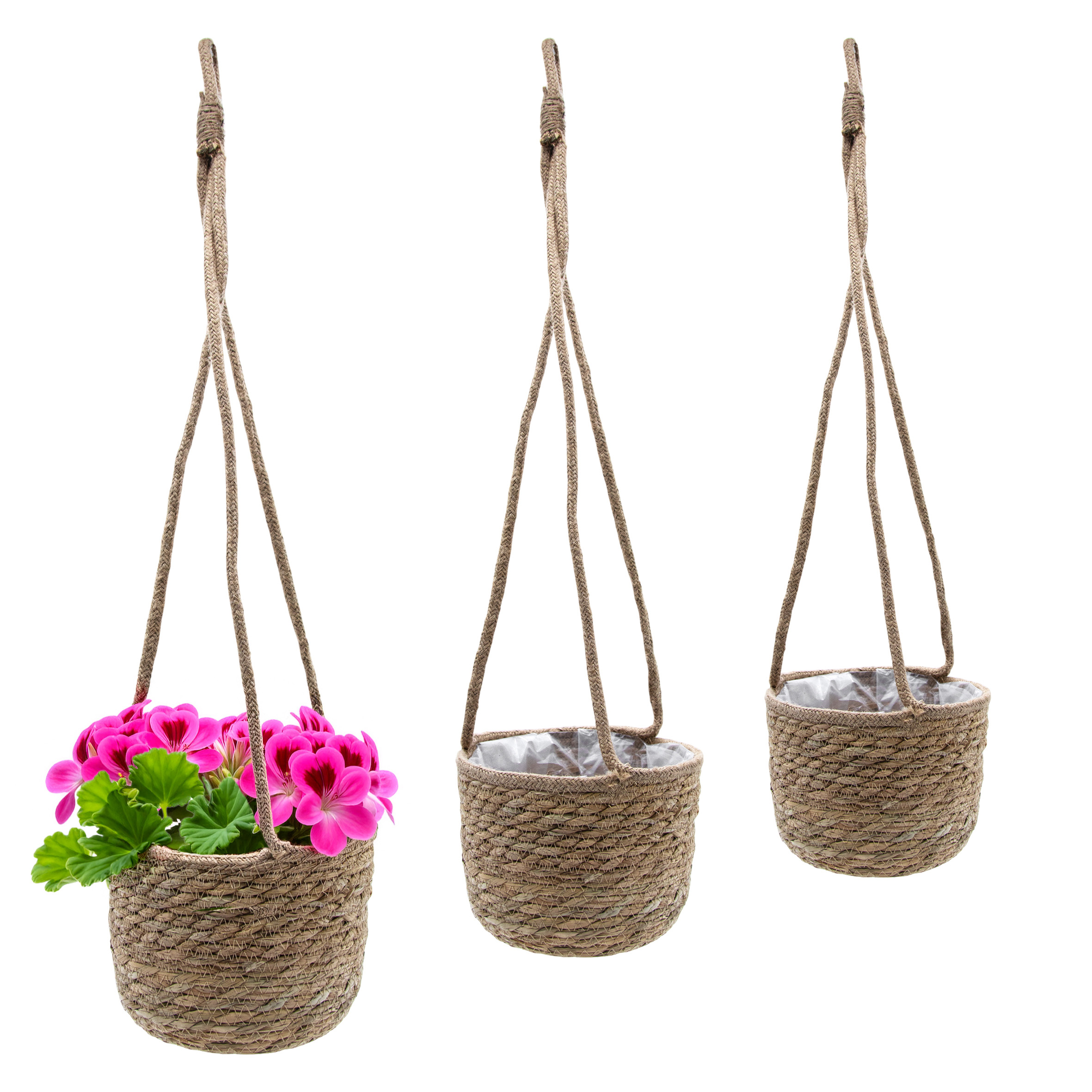 Seegras Korb Blumenampel 3er Set natur - 23 / 20 / 17 cm