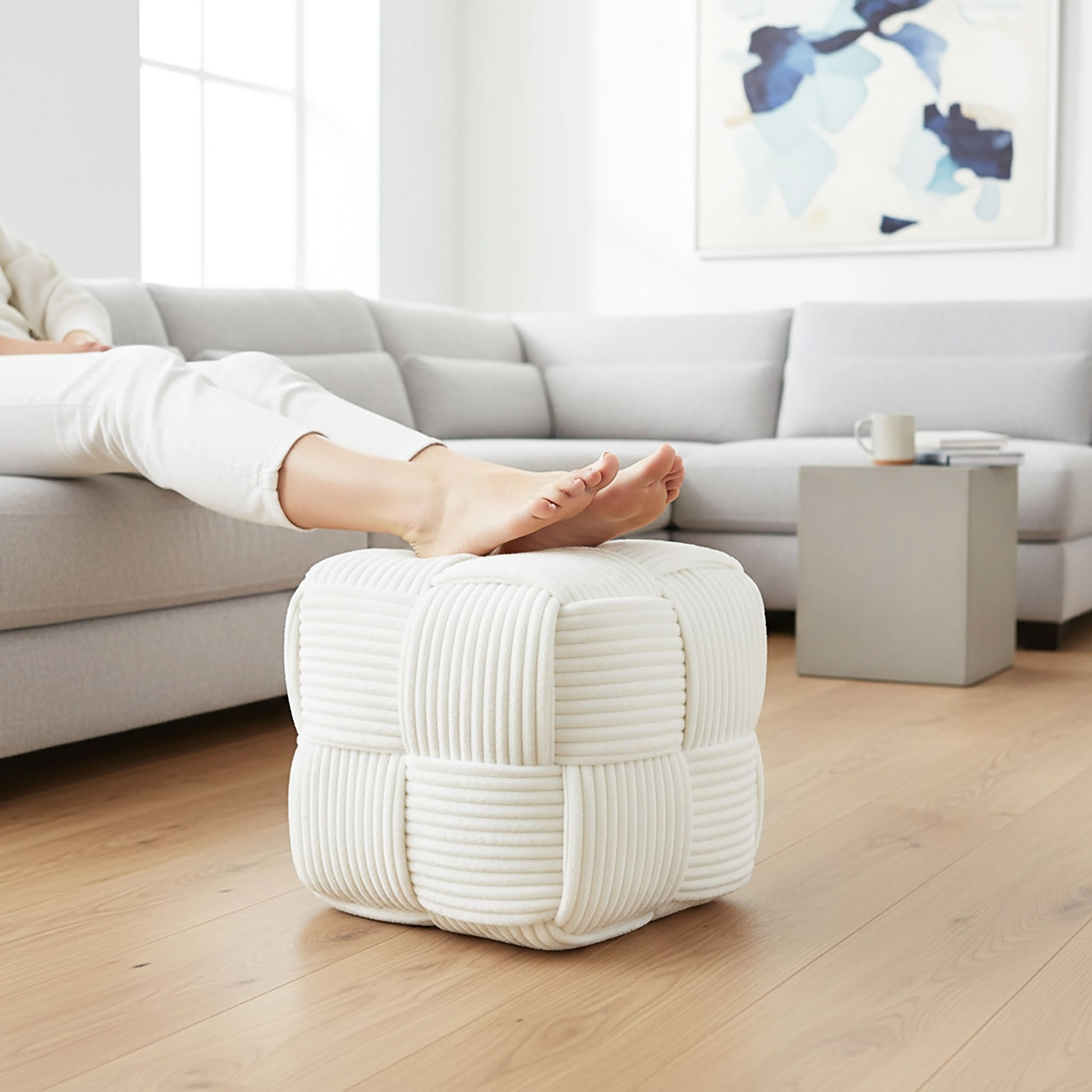 Deko Kord Sitz- oder Fußhocker in creme - ca. 30 x 30 cm - Fuß Hocker mit Stoff Bezug