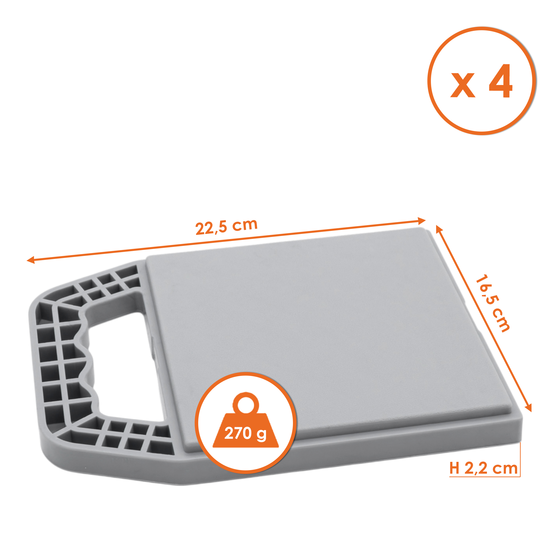 Unterlegplatten für Wohnwagen Stützen 22 x 16 cm grau stapelbar - 4er Set - Stützplatten für Wohnmobil Stützblöcke aus hochdichtem Polyethylen
