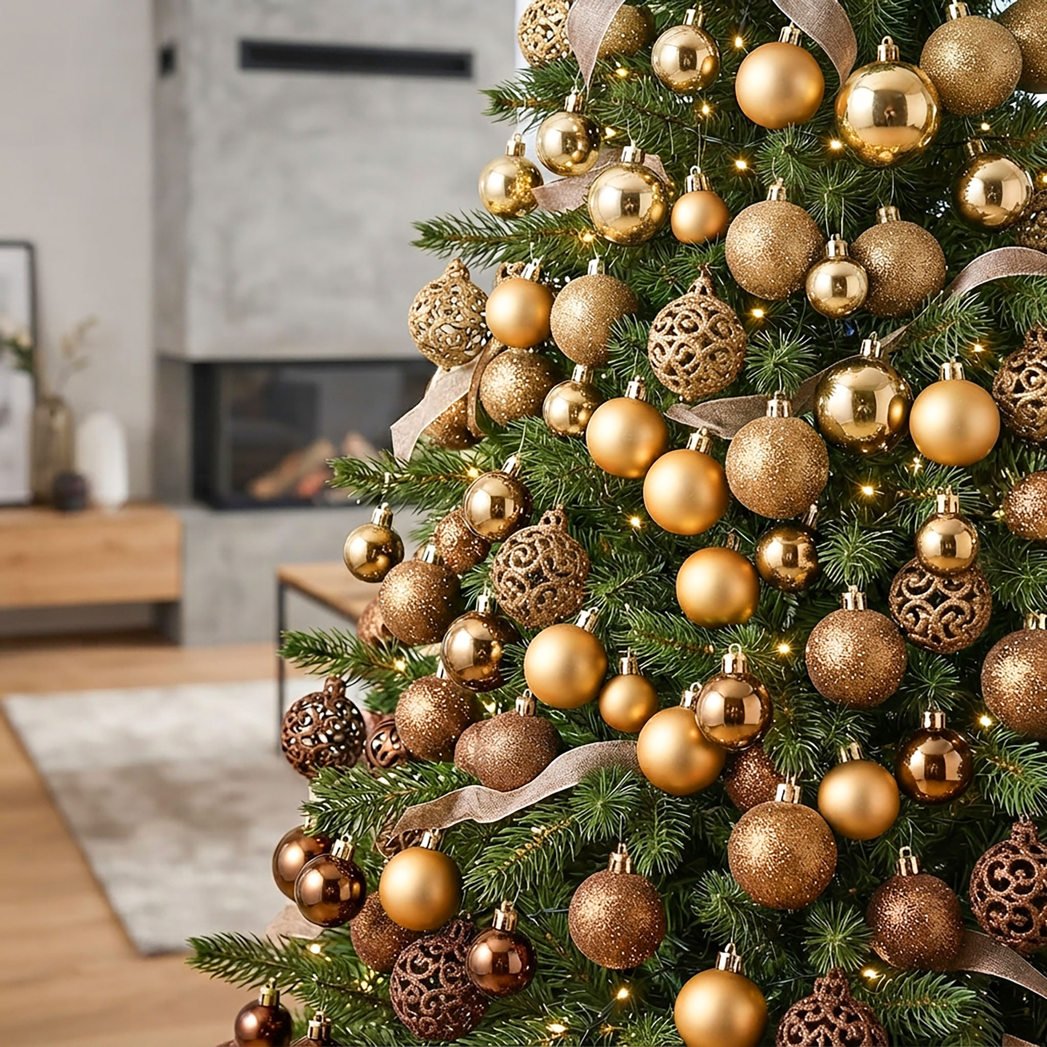 Kunststoff Christbaumkugel Set bruchsicher - gold - Design Weihnachtskugeln inklusive Metall Haken