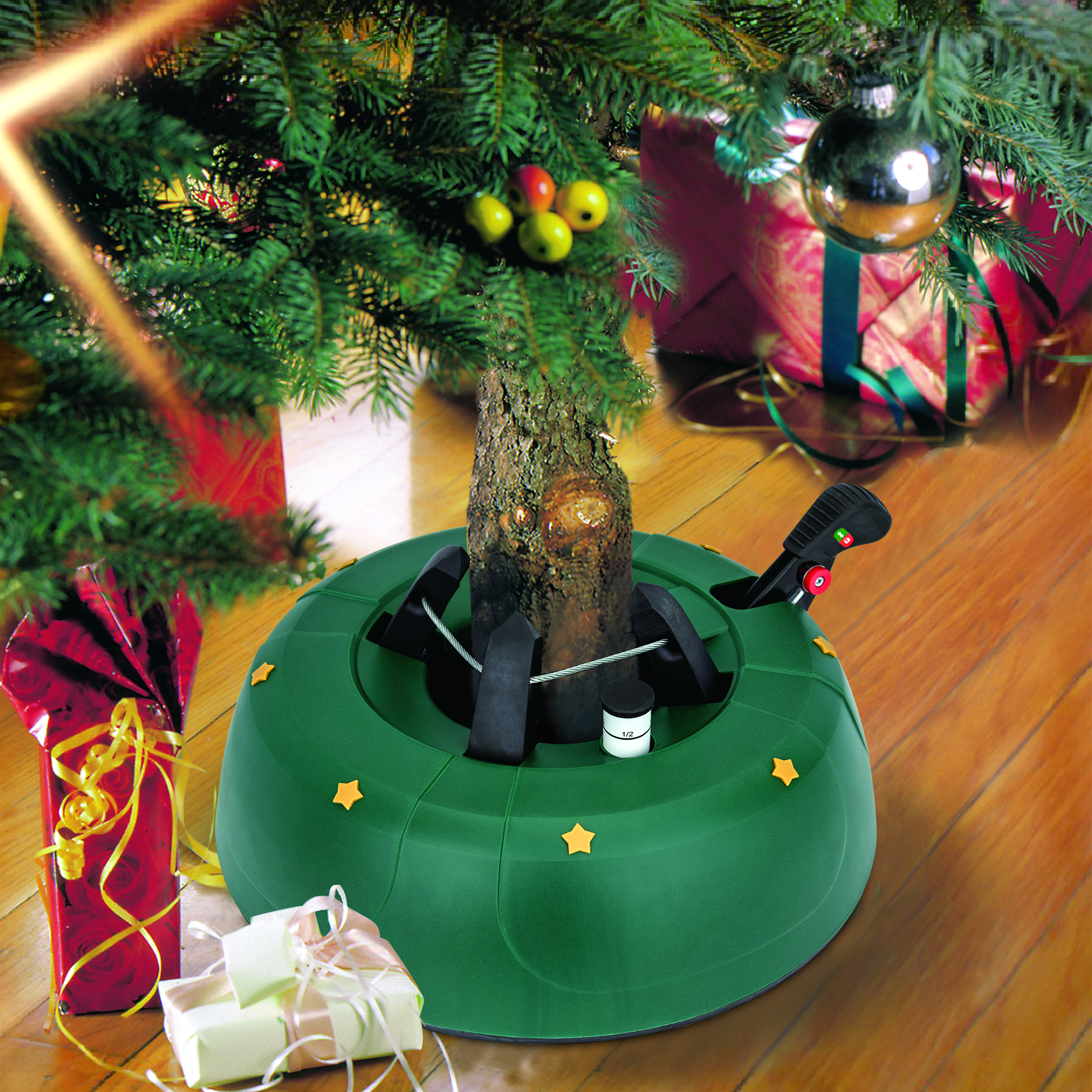 Christbaum Ständer grün mit Einseiltechnik und Fußhebel - 34 cm - Weihnachtsbaumständer mit Wassertank für Bäume bis 2,5 m