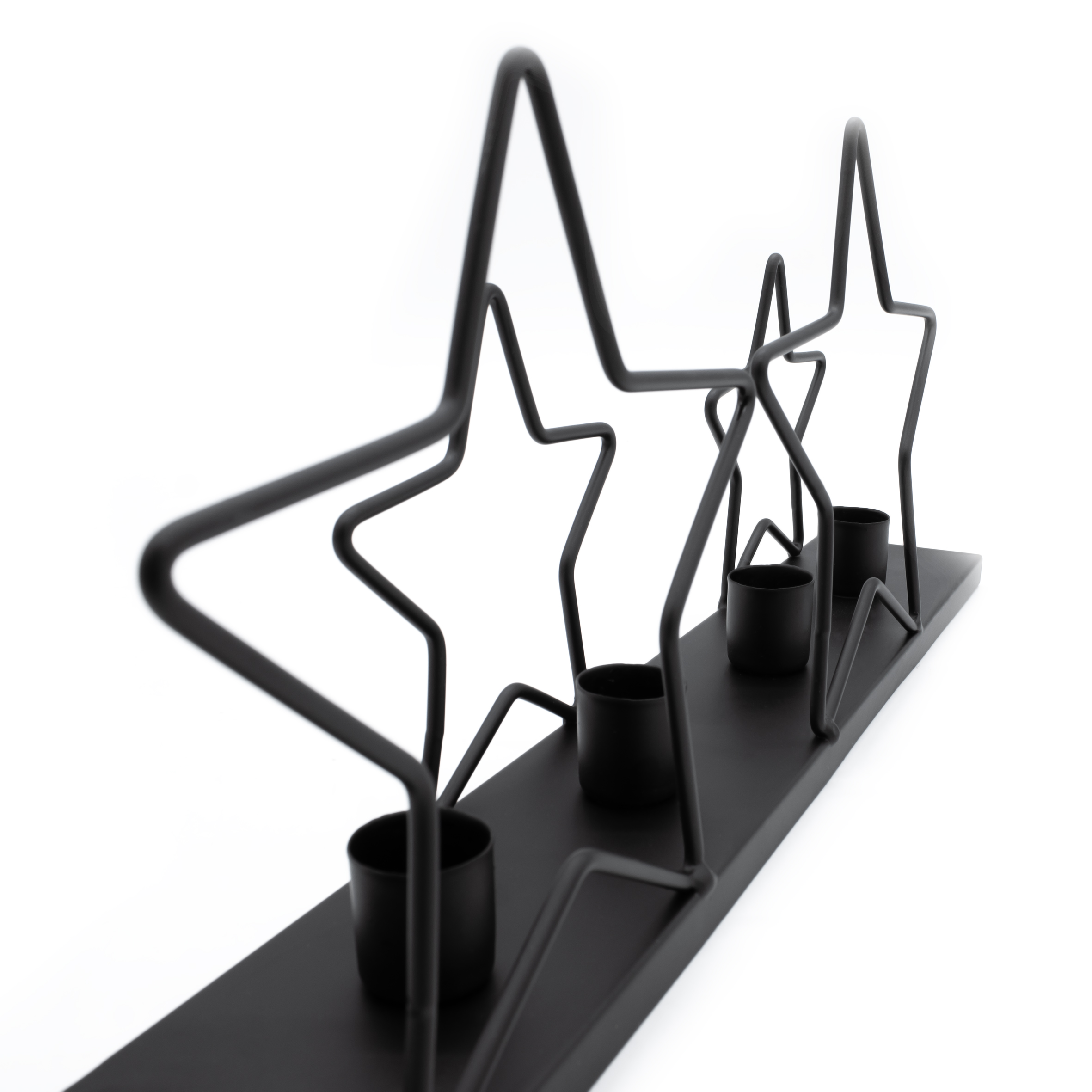 Metall Kerzenständer mit Sternen schwarz - 39 x 16 cm - Advents Kerzenhalter für 4 Stabkerzen