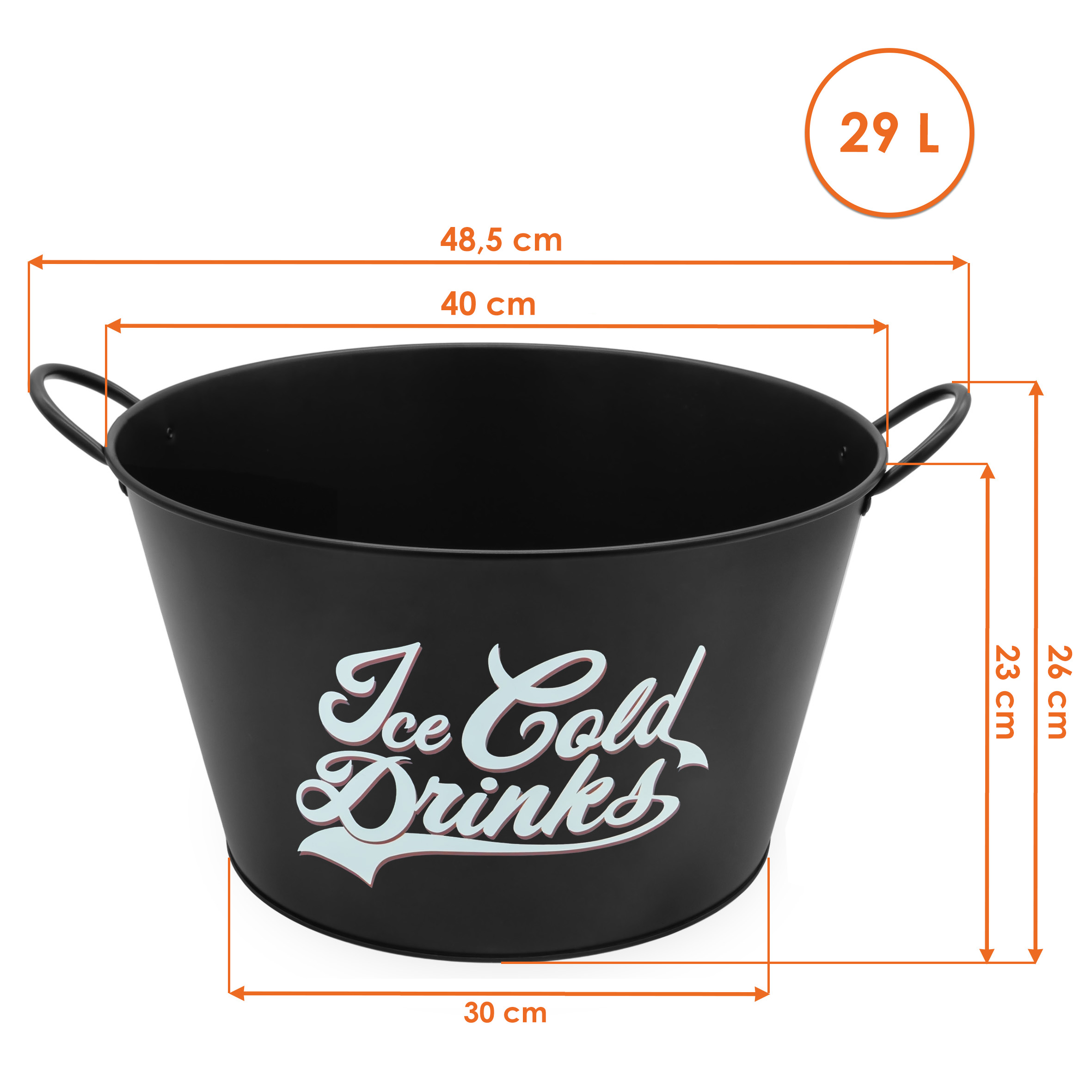 Vintage Metall Getränkekühler schwarz rund mit Griffen - 40 x 23 cm - Retro Flaschenkühler 29 L mit Aufdruck Ice Cold Drinks