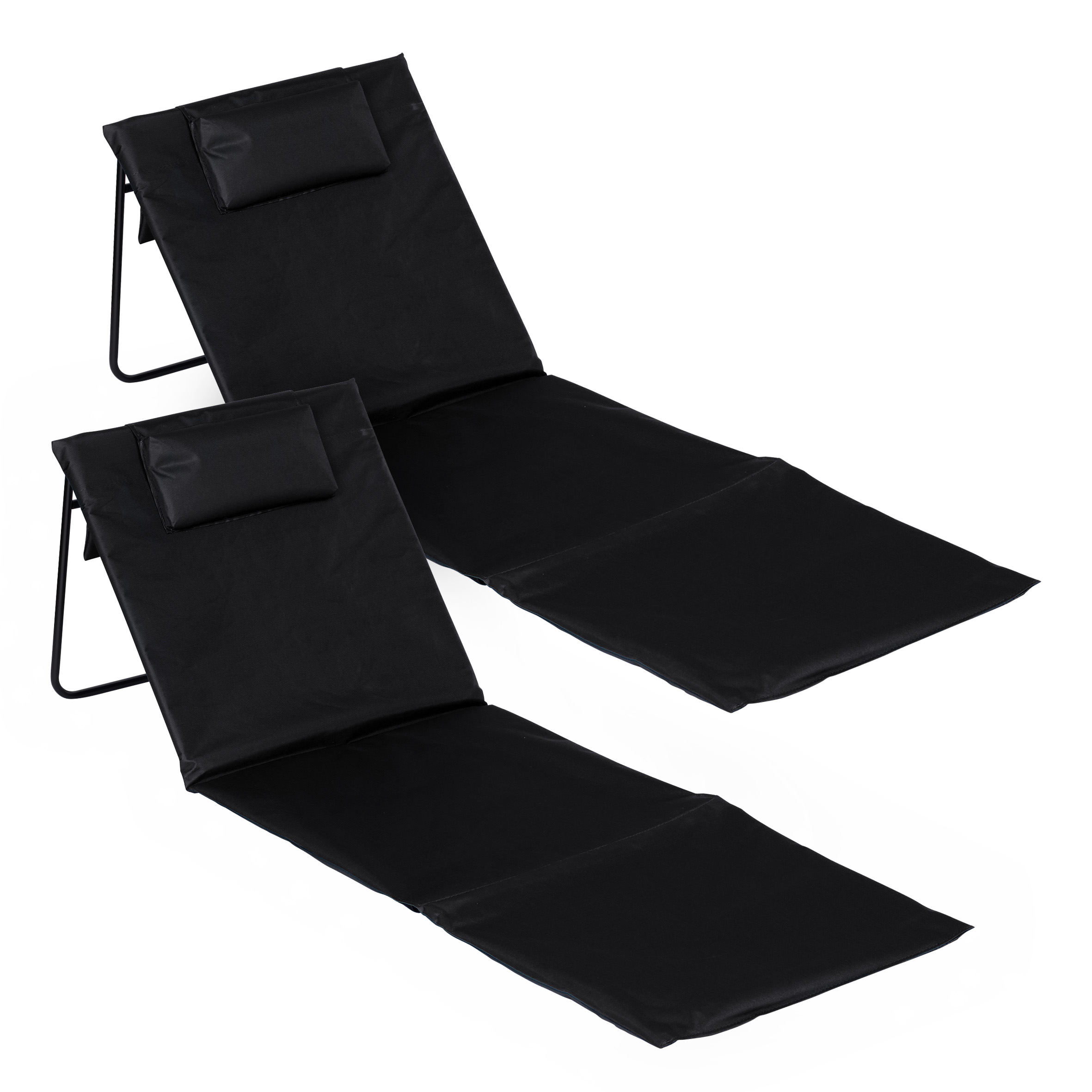 Strandmatte 2er Set klappbar mit verstellbarer Rückenlehne - schwarz - Liegematte faltbar 145 x 48 cm mit Kopfkissen