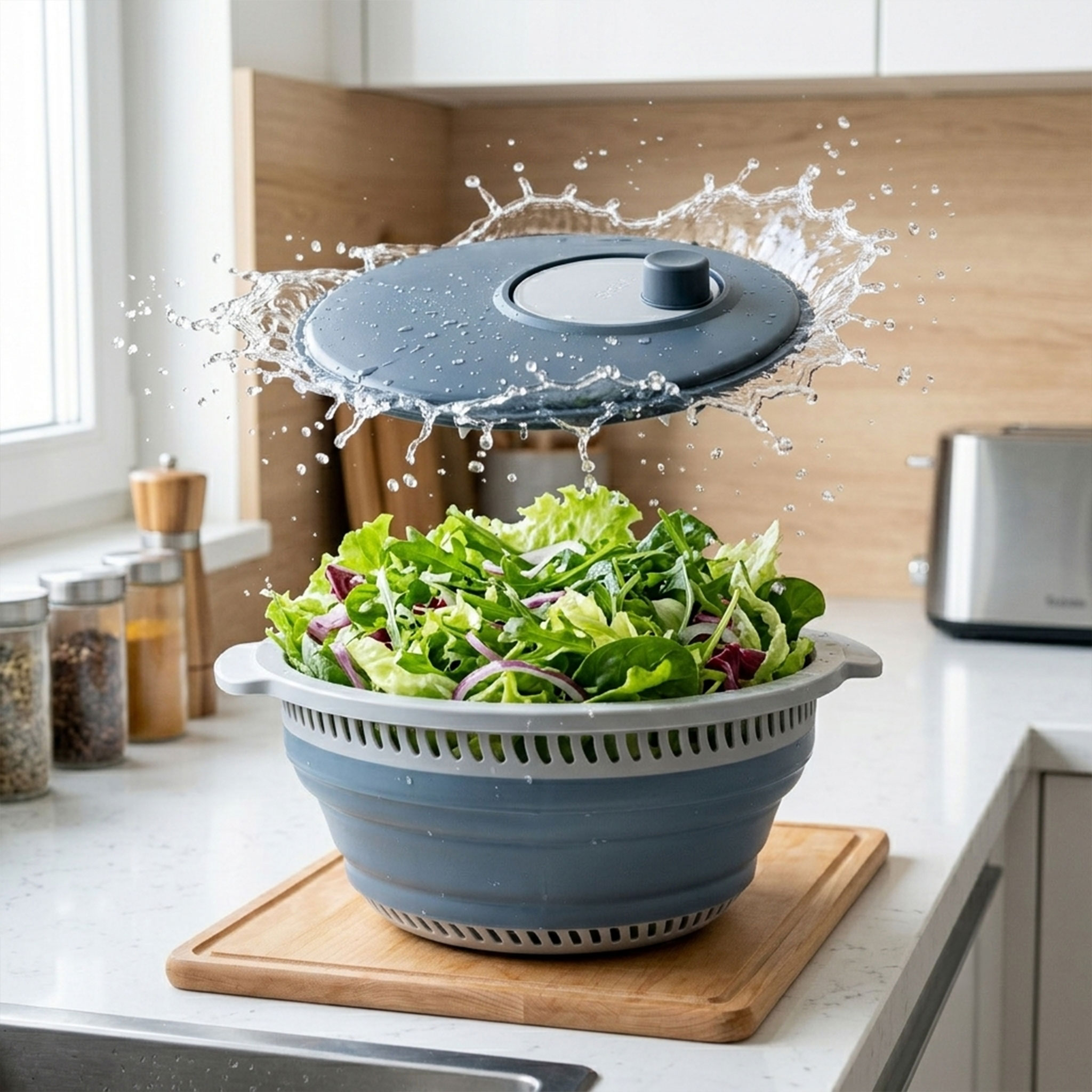 Salatschleuder faltbar Ø 27 cm mit Anti Rutsch Boden - 5 L - Salatschüssel mit Deckel und mit entnehmbaren Sieb