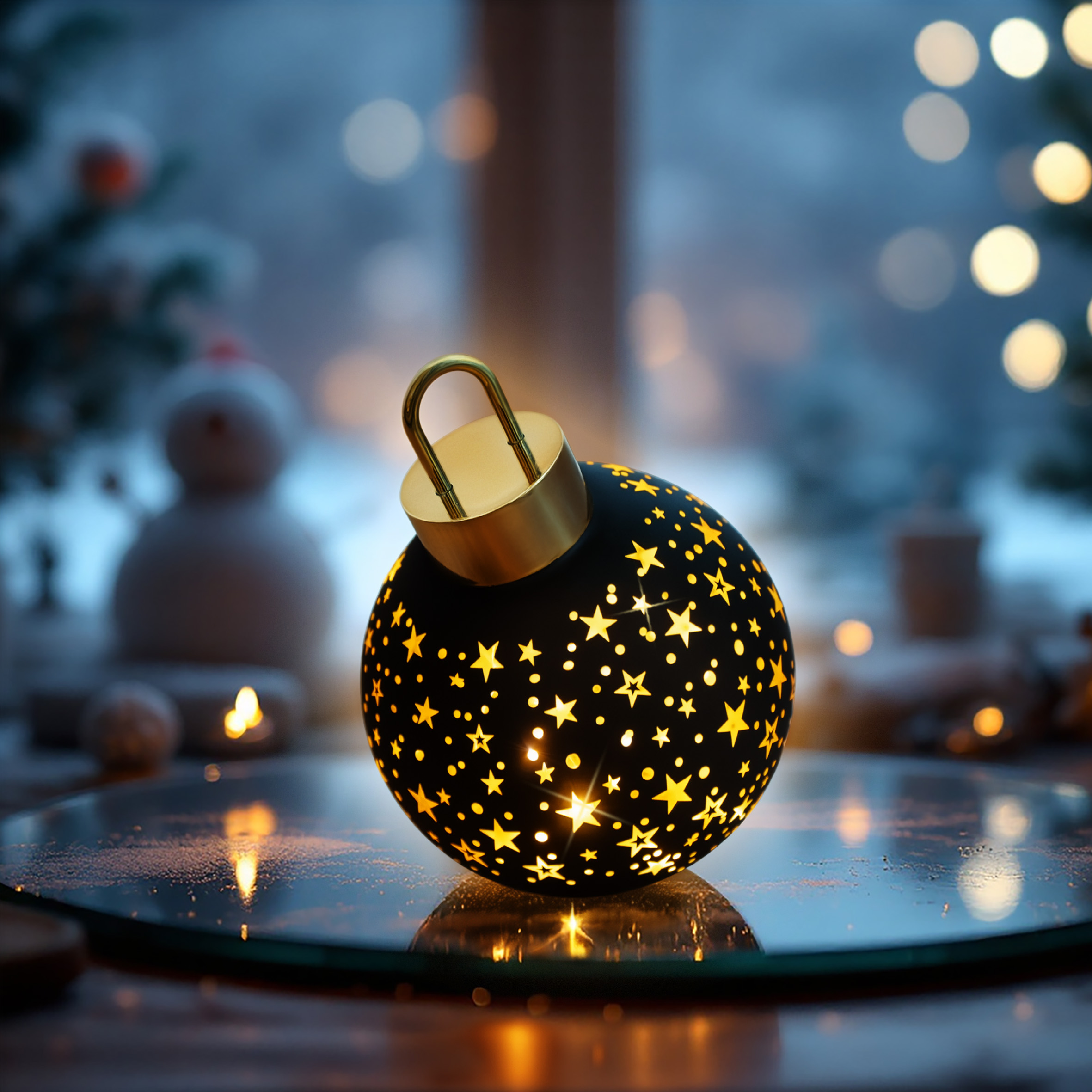 LED Weihnachtskugel zum Stellen matt schwarz mit Timer Batterie betrieben - 15 cm - Glaskugel warm weiß beleuchtet 1 Stück Leuchtkugel mit Zufallsmotiv