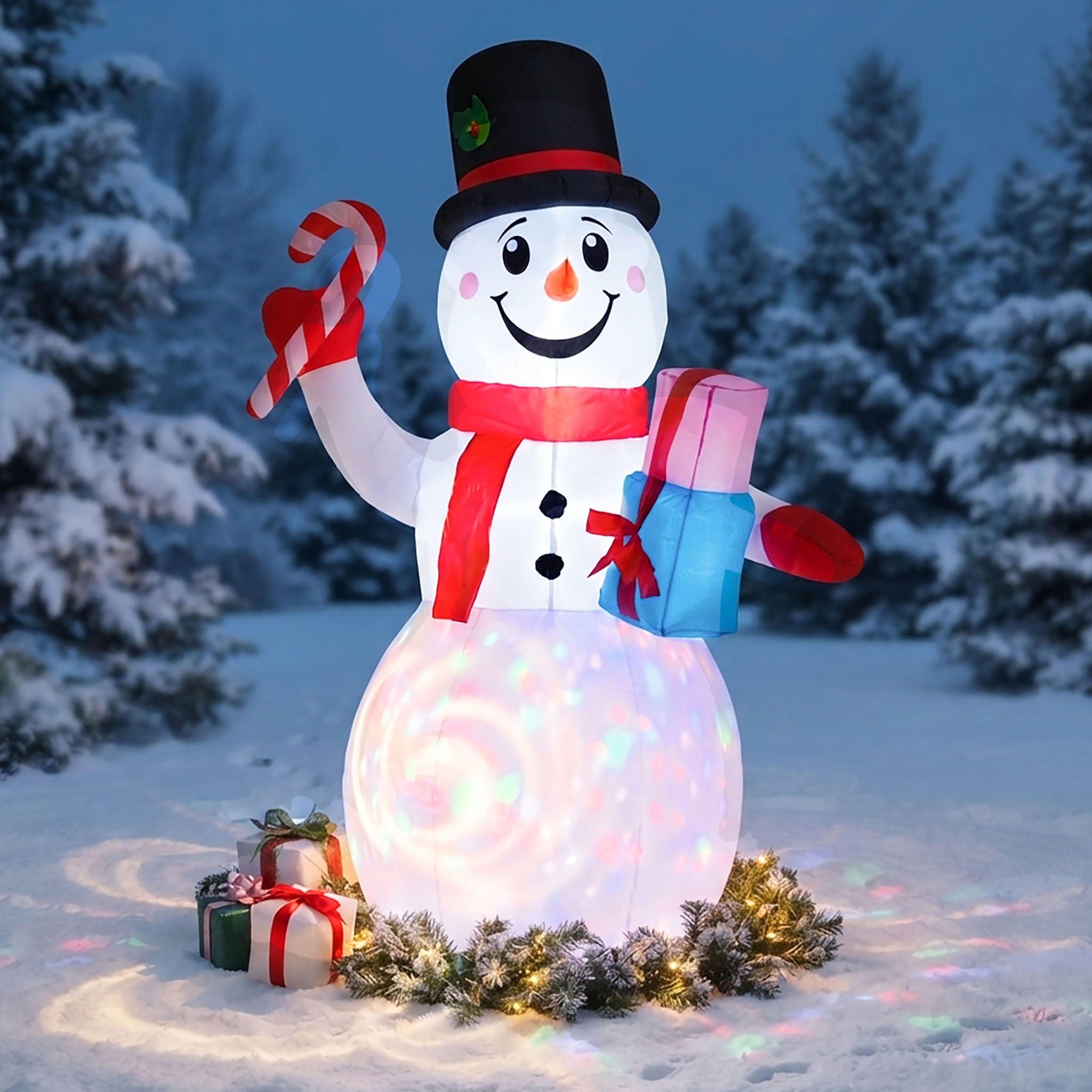 Aufblasbarer XL Schneemann mit LED Beleuchtung und Stecker für Außen und Innen - 200 x 130 cm - Riesen Schneefigur selbstaufblasend bunt beleuchtet