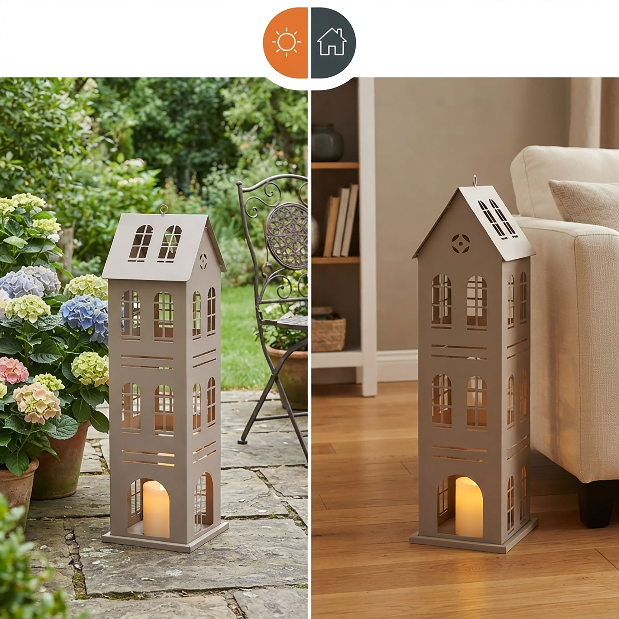 XL Metall Laterne Haus beige - 52 x 14 cm - Deko Windlicht zum Stellen oder Hängen